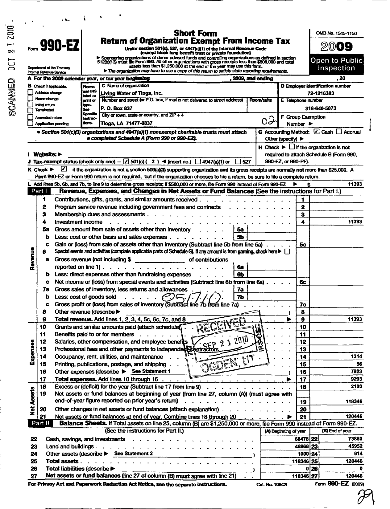 Image of first page of 2009 Form 990EO for Living Water of Tioga