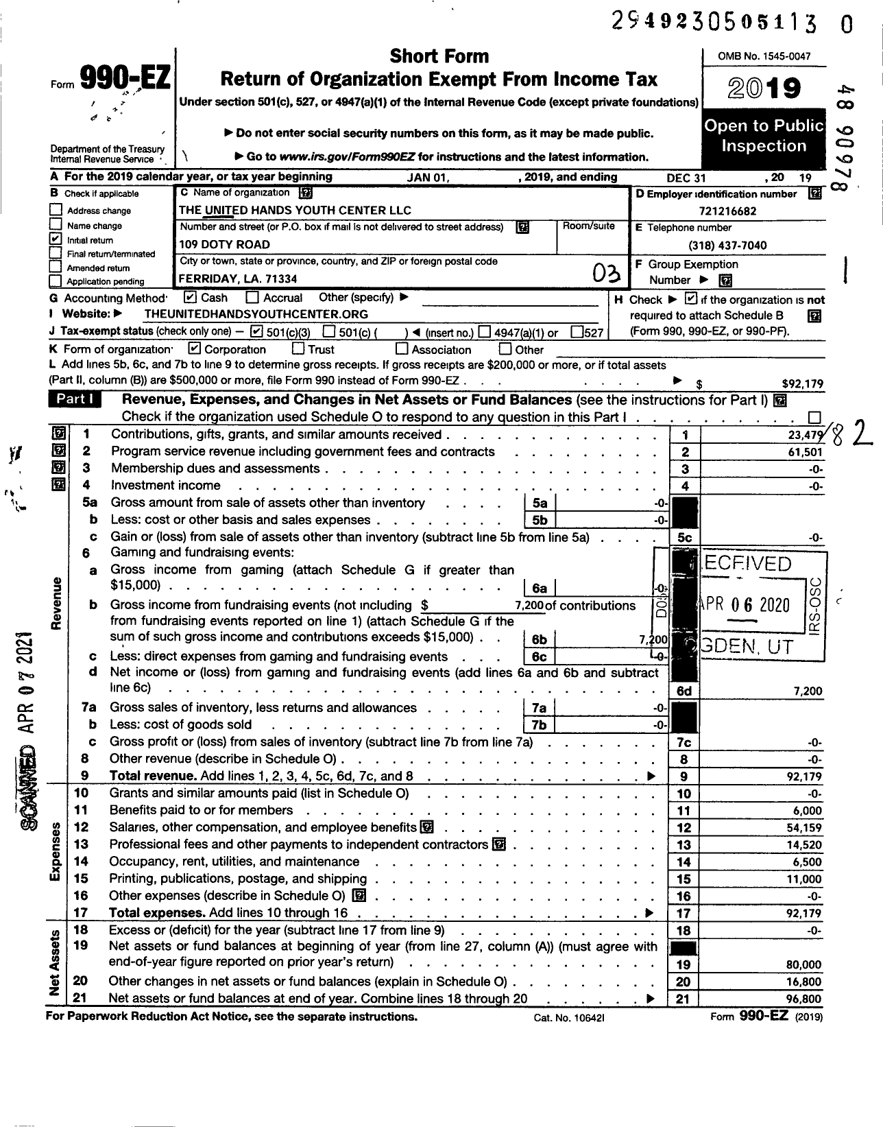 Image of first page of 2019 Form 990EZ for The United Hands Youth Center