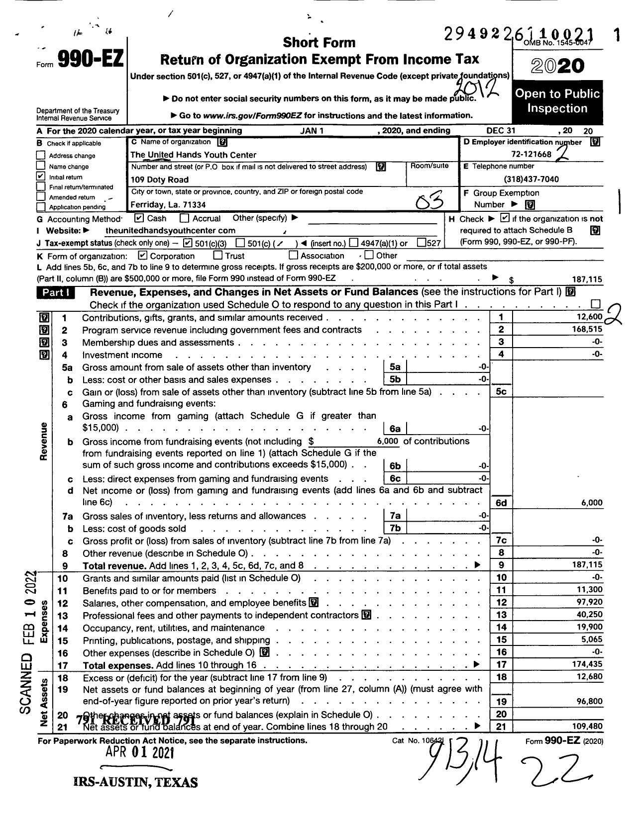 Image of first page of 2020 Form 990EZ for The United Hands Youth Center