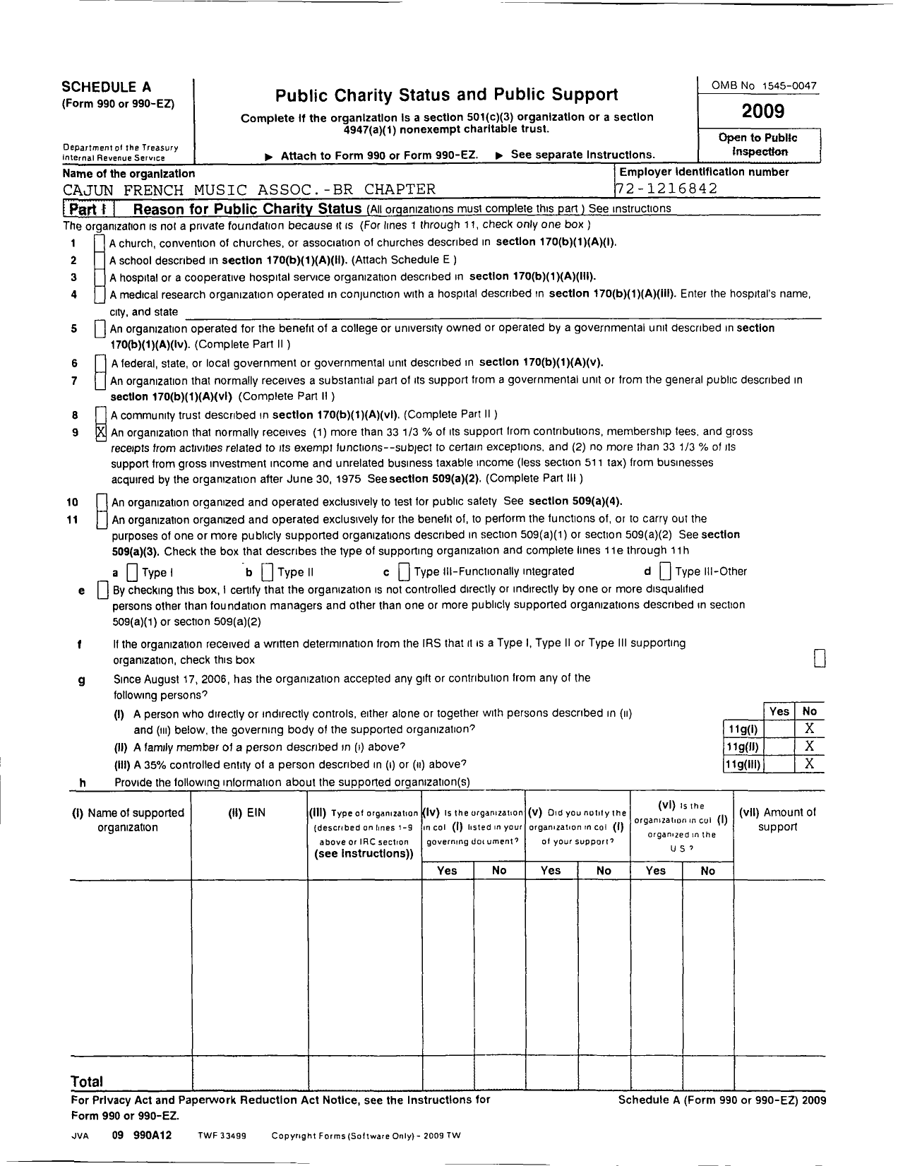 Image of first page of 2009 Form 990ER for Cajun French Music Association of Louisiana / Baton Rouge Chapter