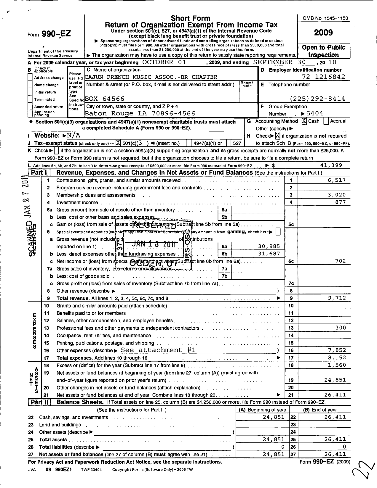 Image of first page of 2009 Form 990EZ for Cajun French Music Association of Louisiana / Baton Rouge Chapter