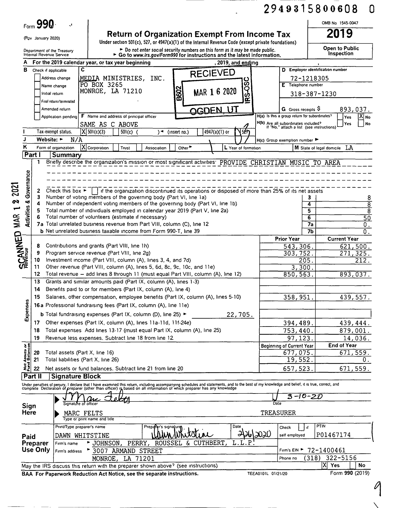 Image of first page of 2019 Form 990 for Media Ministries / Treasurer