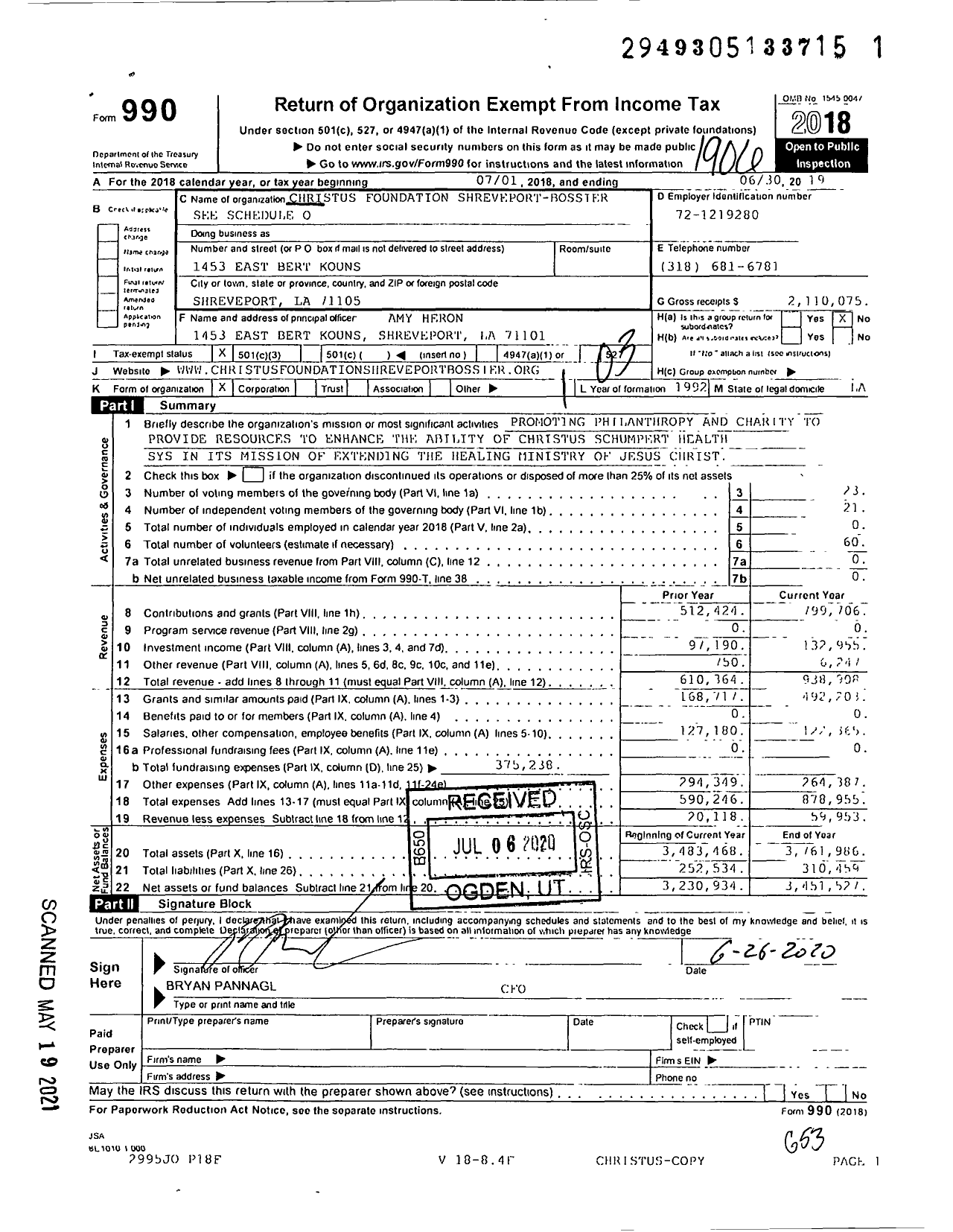 Image of first page of 2018 Form 990 for Christus Foundation Shreveport-Bossier