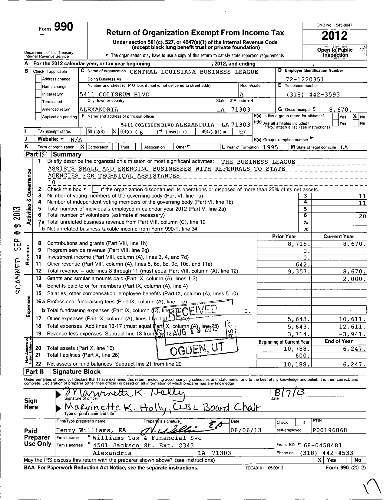 Image of first page of 2012 Form 990O for Central Louisiana Business League