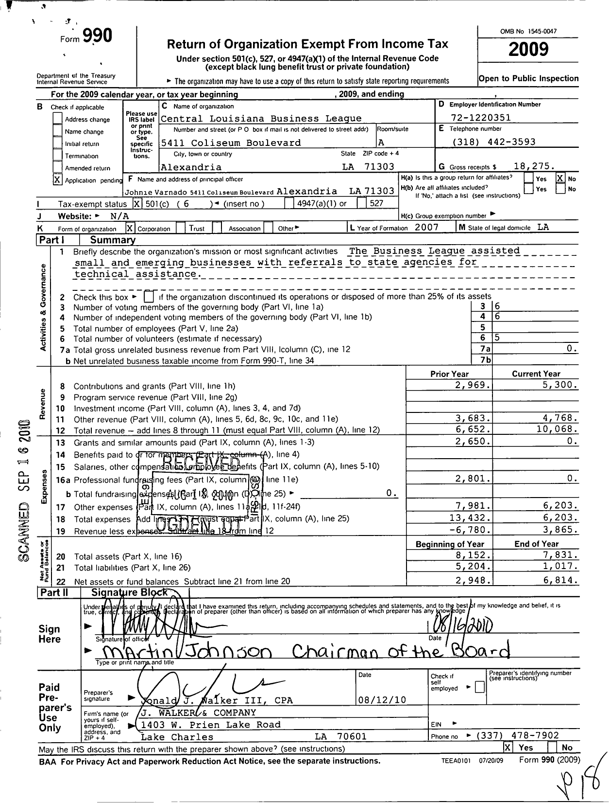 Image of first page of 2009 Form 990O for Central Louisiana Business League