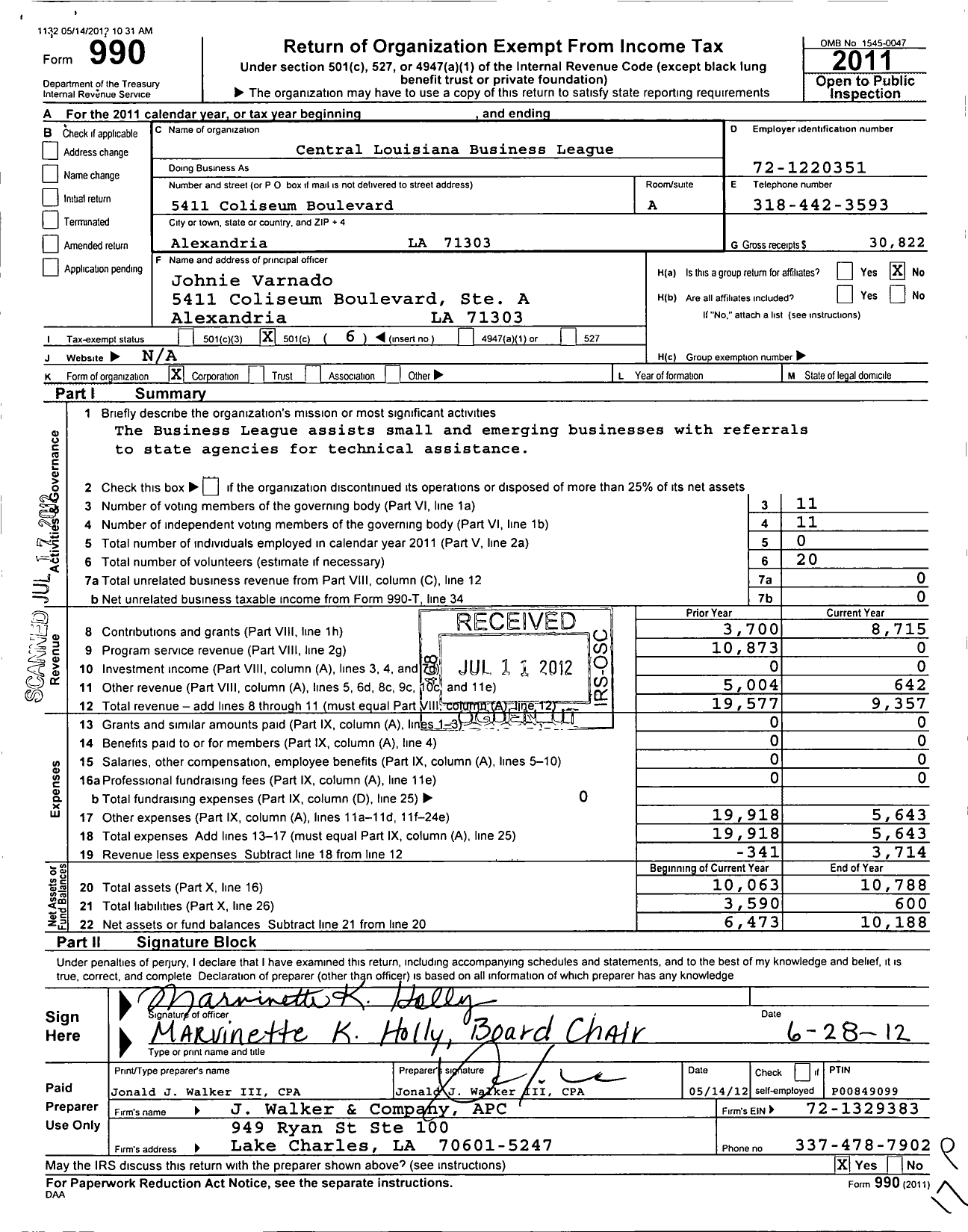 Image of first page of 2011 Form 990O for Central Louisiana Business League