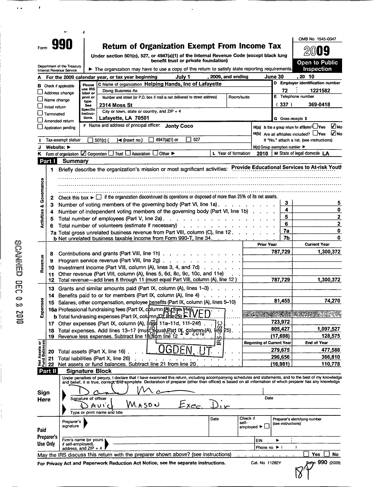 Image of first page of 2009 Form 990O for Helping Hands of Lafayette