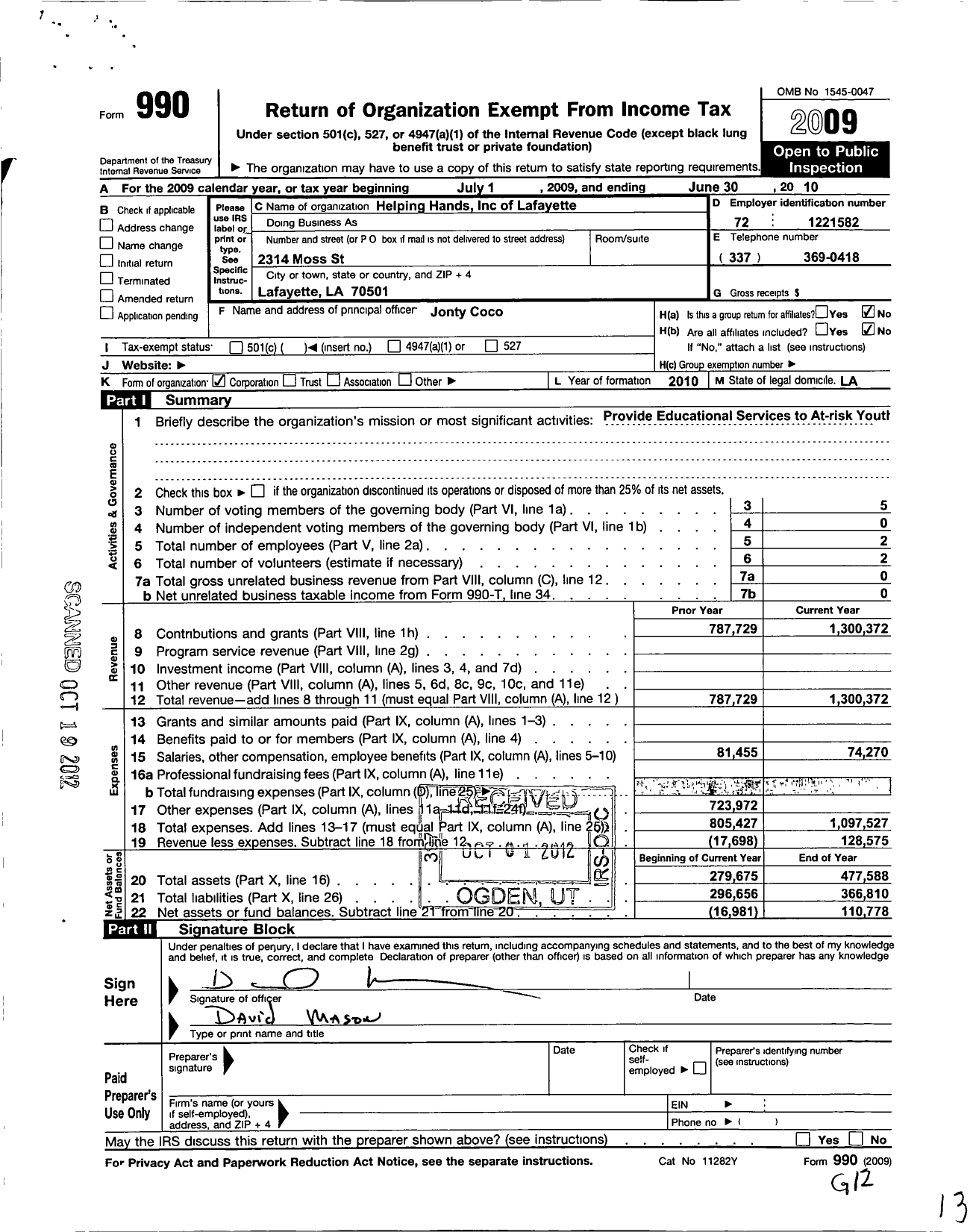 Image of first page of 2009 Form 990O for Helping Hands of Lafayette