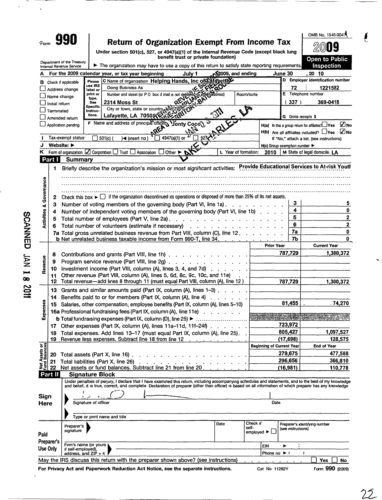 Image of first page of 2009 Form 990O for Helping Hands of Lafayette