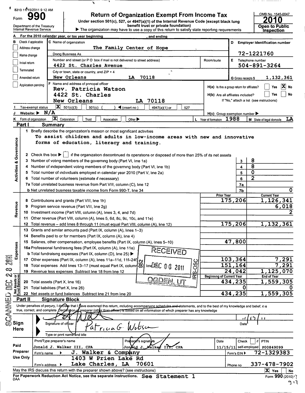 Image of first page of 2010 Form 990 for The Family Center of Hope