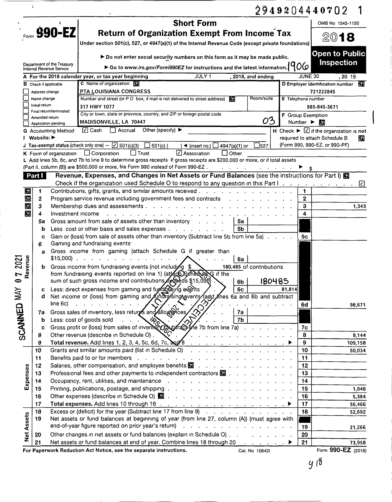 Image of first page of 2018 Form 990EZ for PTA Louisiana Congress Madisonville Elementary