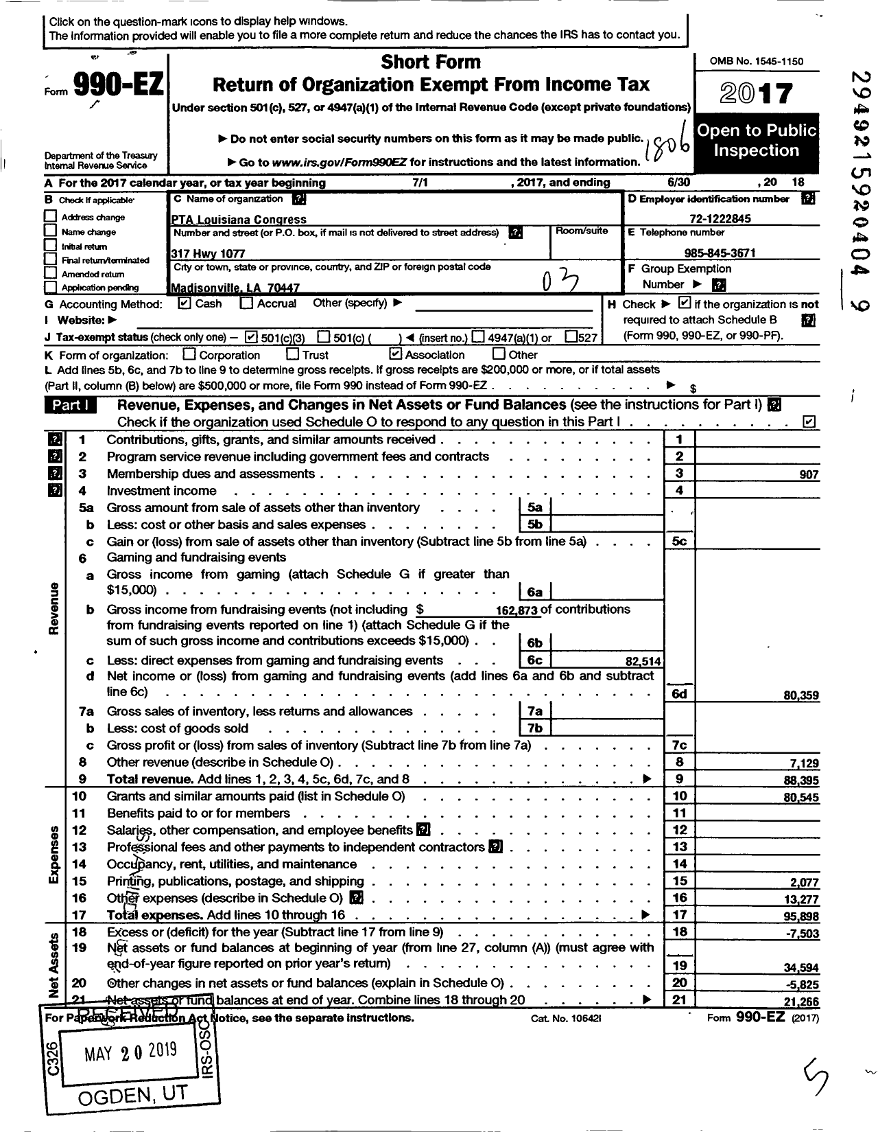Image of first page of 2017 Form 990EZ for PTA Louisiana Congress Madisonville Elementary