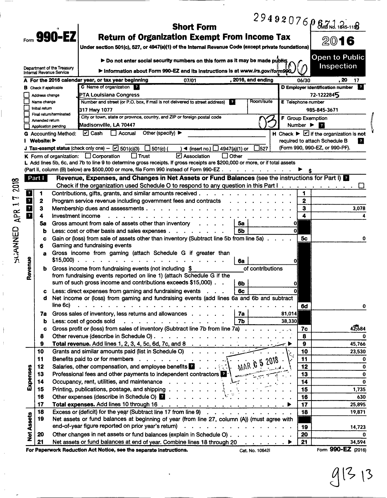 Image of first page of 2016 Form 990EZ for PTA Louisiana Congress Madisonville Elementary