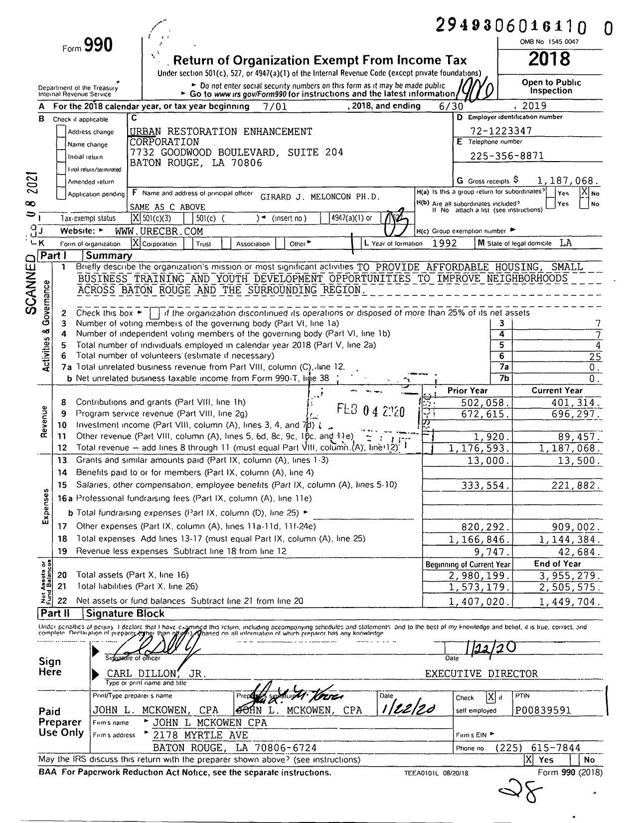 Image of first page of 2018 Form 990 for Urban Restoration Enhancement Corporation