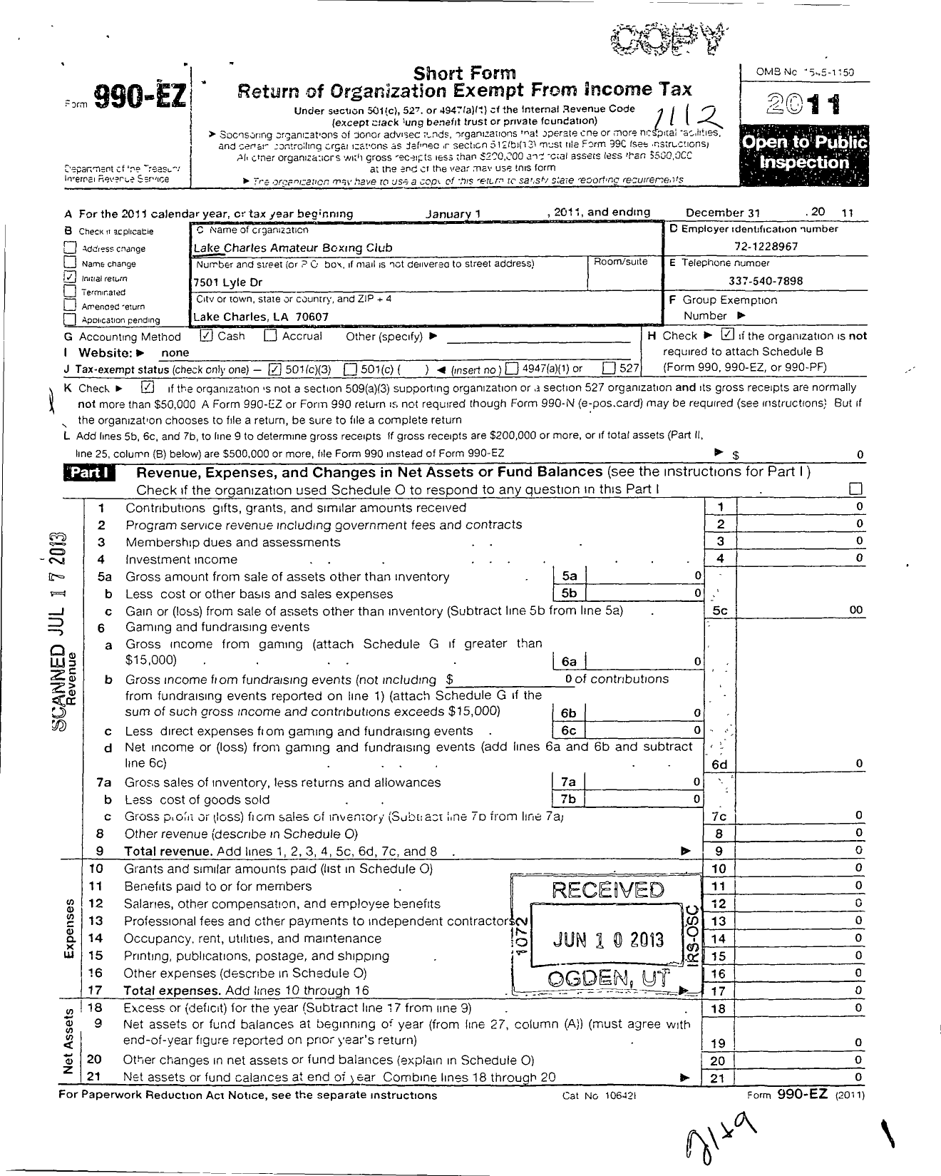 Image of first page of 2011 Form 990EZ for Lake Charles Amateur Boxing Club