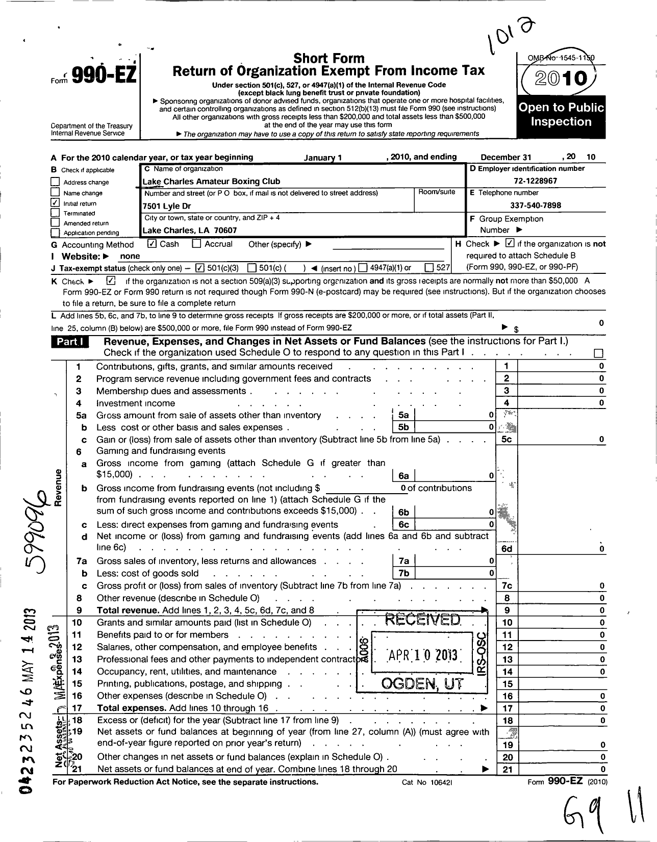 Image of first page of 2010 Form 990EZ for Lake Charles Amateur Boxing Club