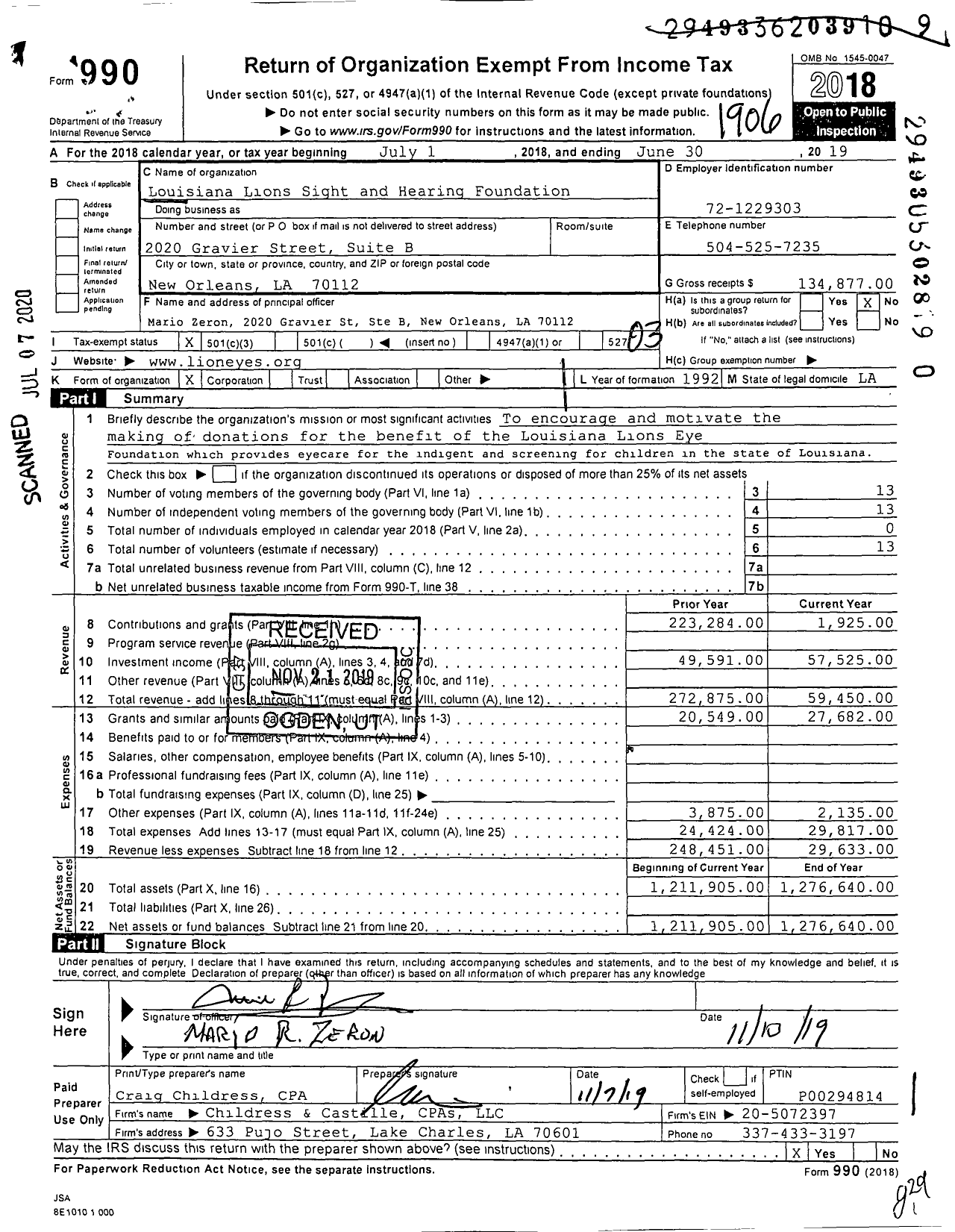 Image of first page of 2018 Form 990 for Louisiana Lions Sight and Hearing Foundation