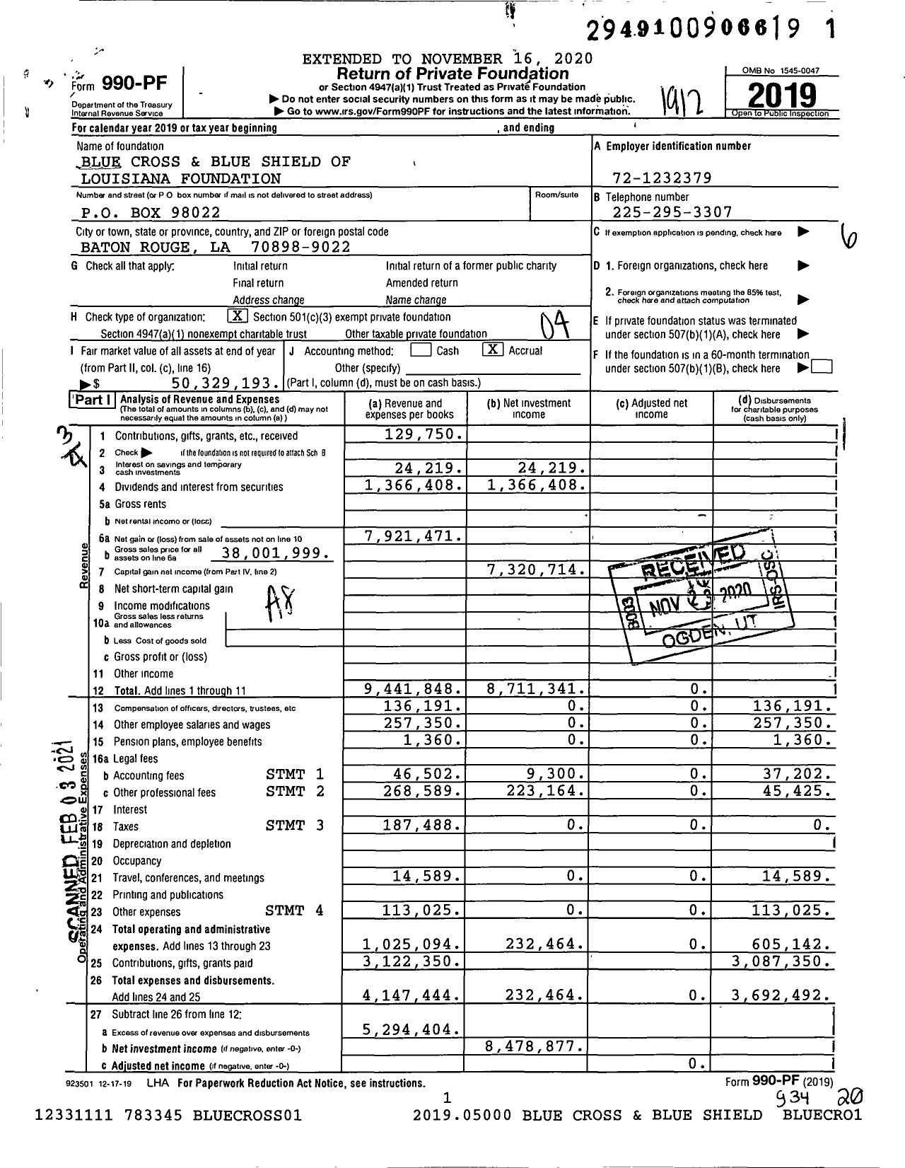 Image of first page of 2019 Form 990PF for Blue Cross and Blue Shield of Louisiana Foundation