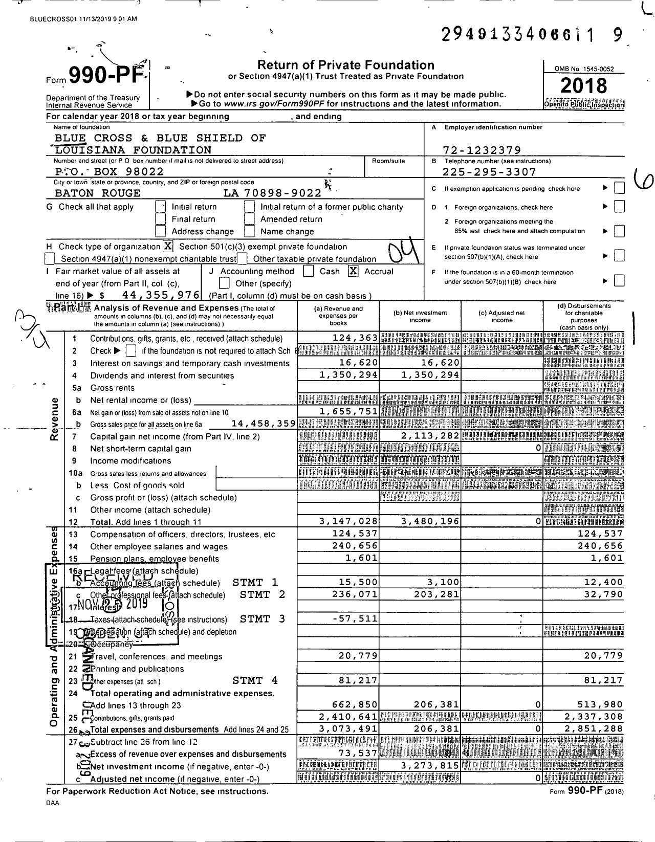 Image of first page of 2018 Form 990PF for Blue Cross and Blue Shield of Louisiana Foundation