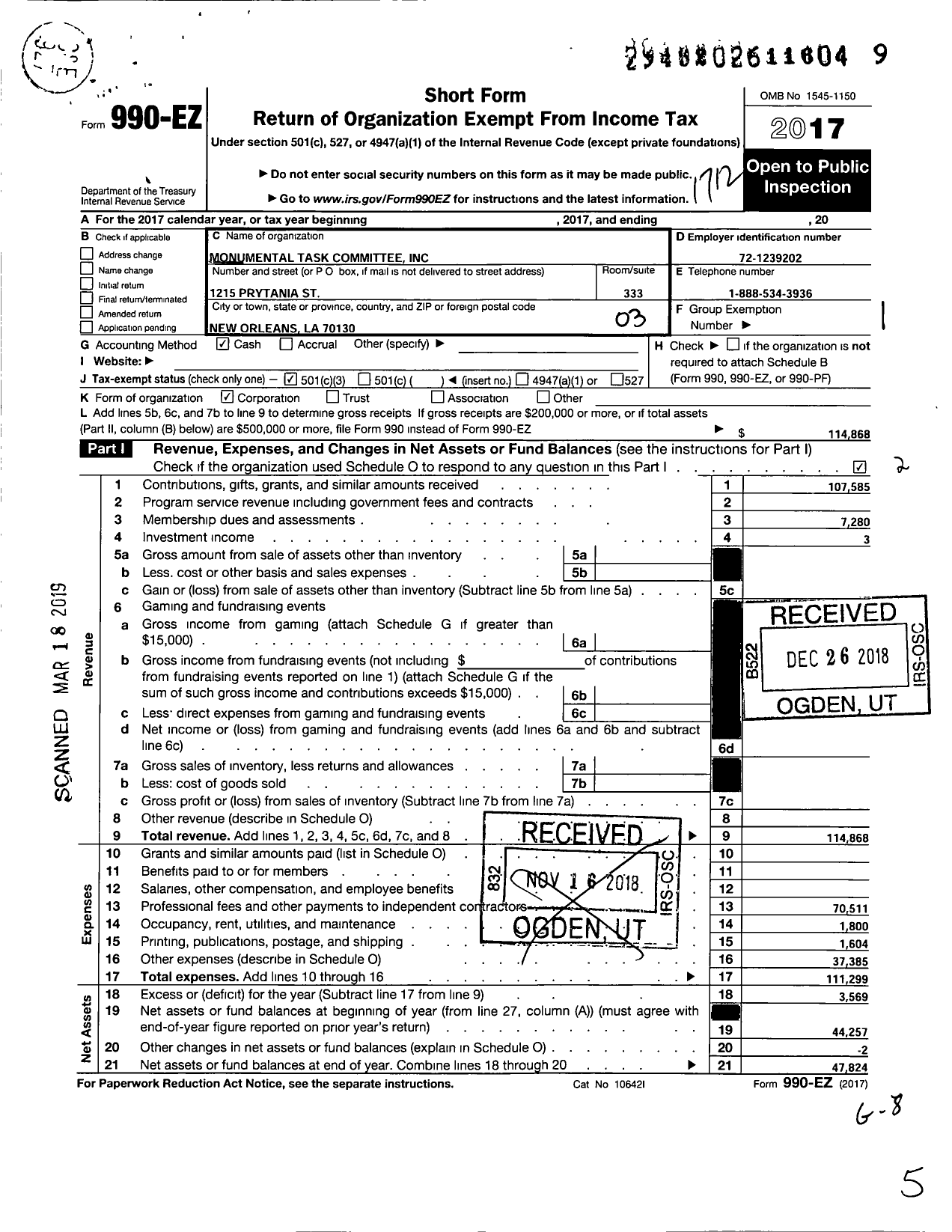 Image of first page of 2017 Form 990EZ for Monumental Task Committee