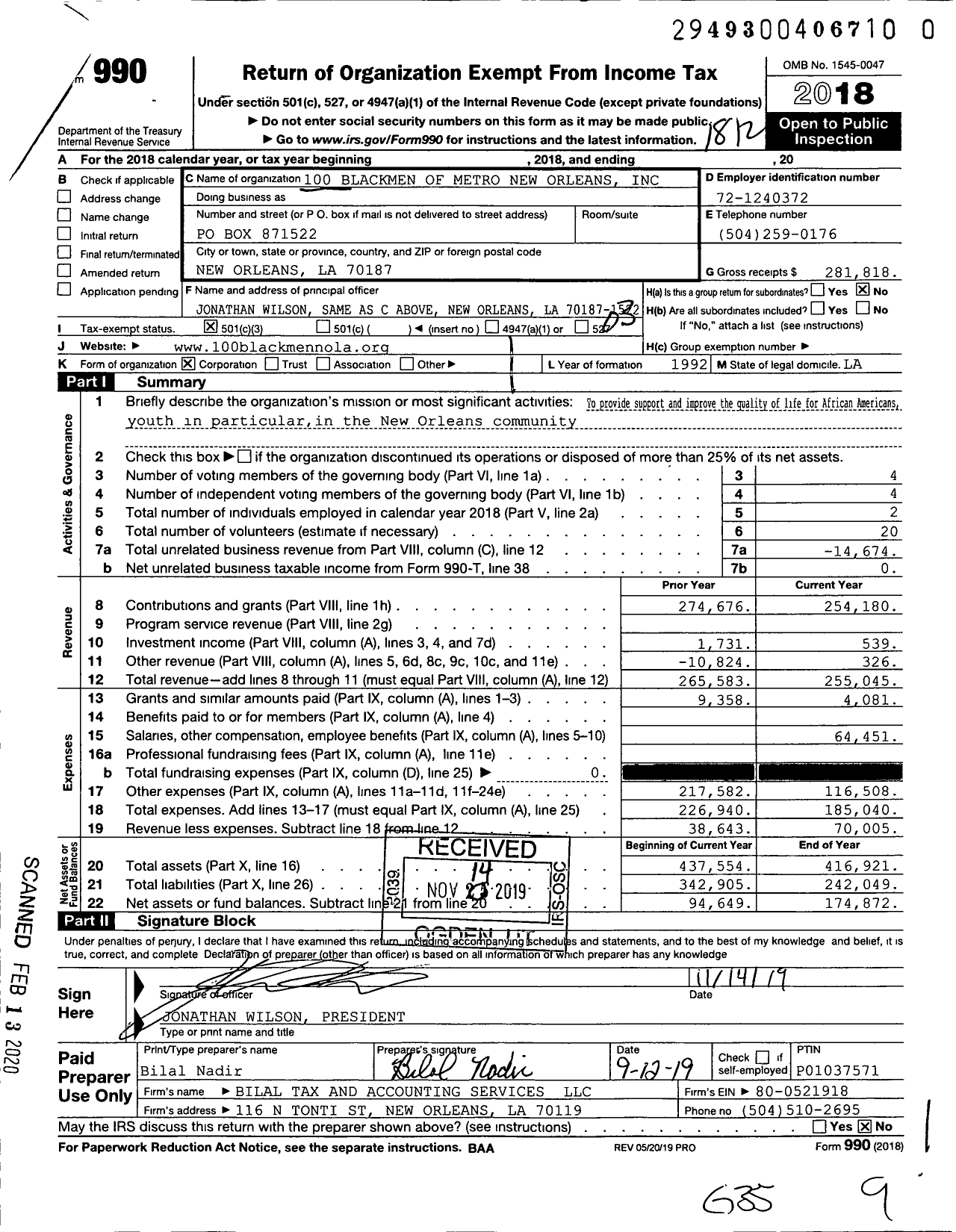 Image of first page of 2018 Form 990 for 100 Blackmen of Metro New Orleans