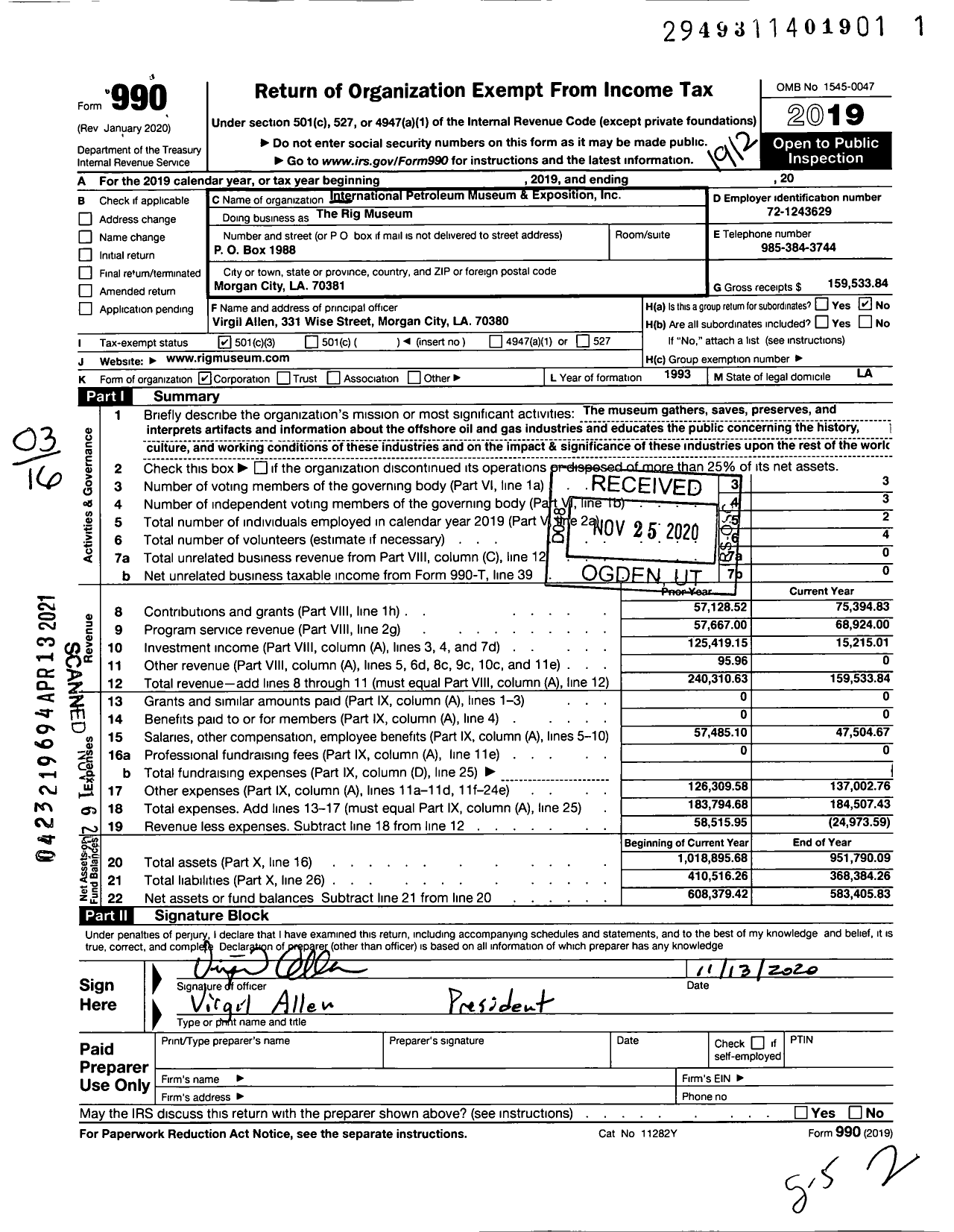 Image of first page of 2019 Form 990 for The Rig Museum