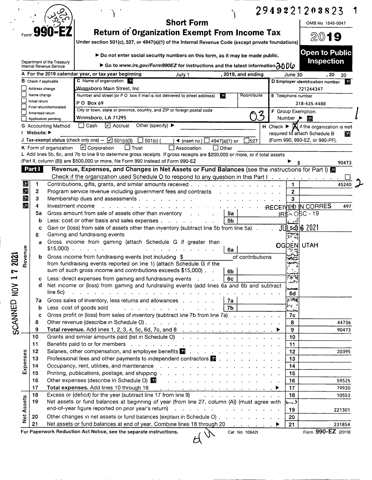 Image of first page of 2019 Form 990EZ for Winnsboro Main Street