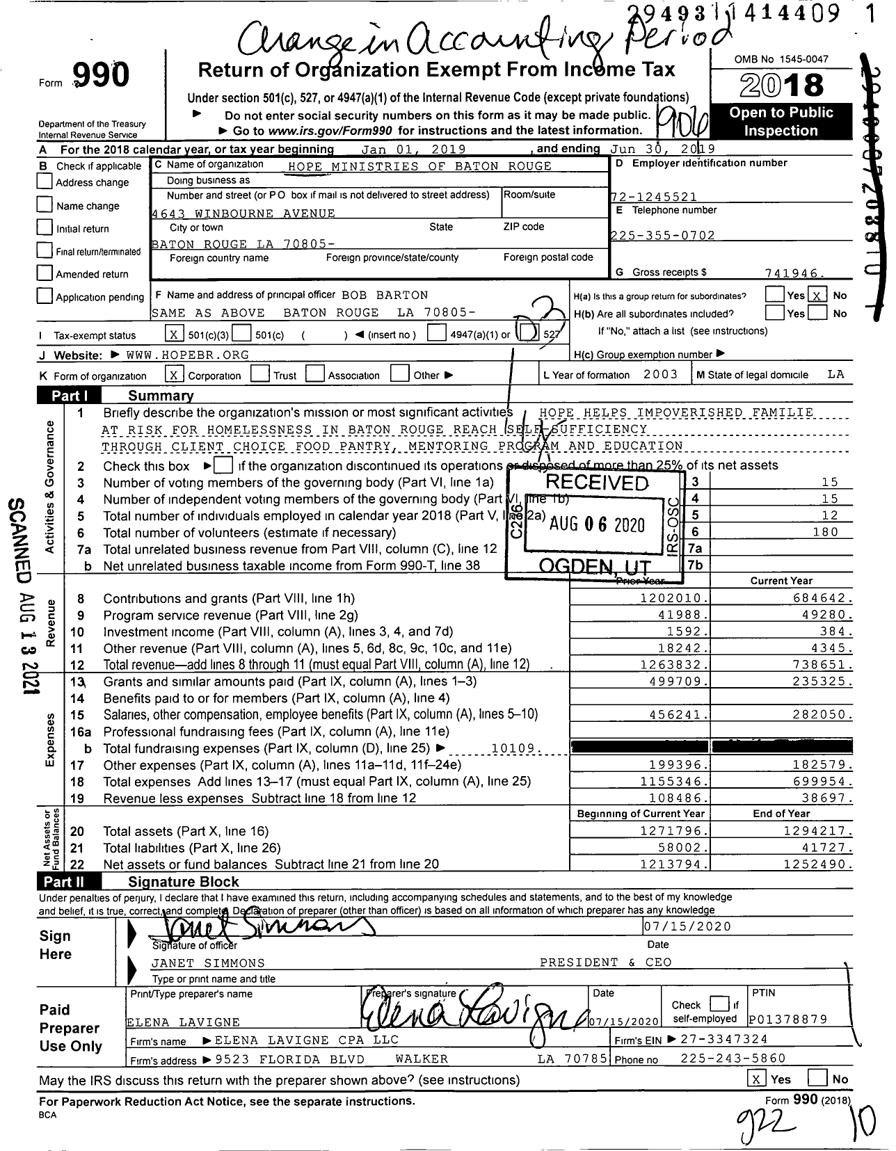 Image of first page of 2018 Form 990 for HOPE Ministries of Baton Rouge