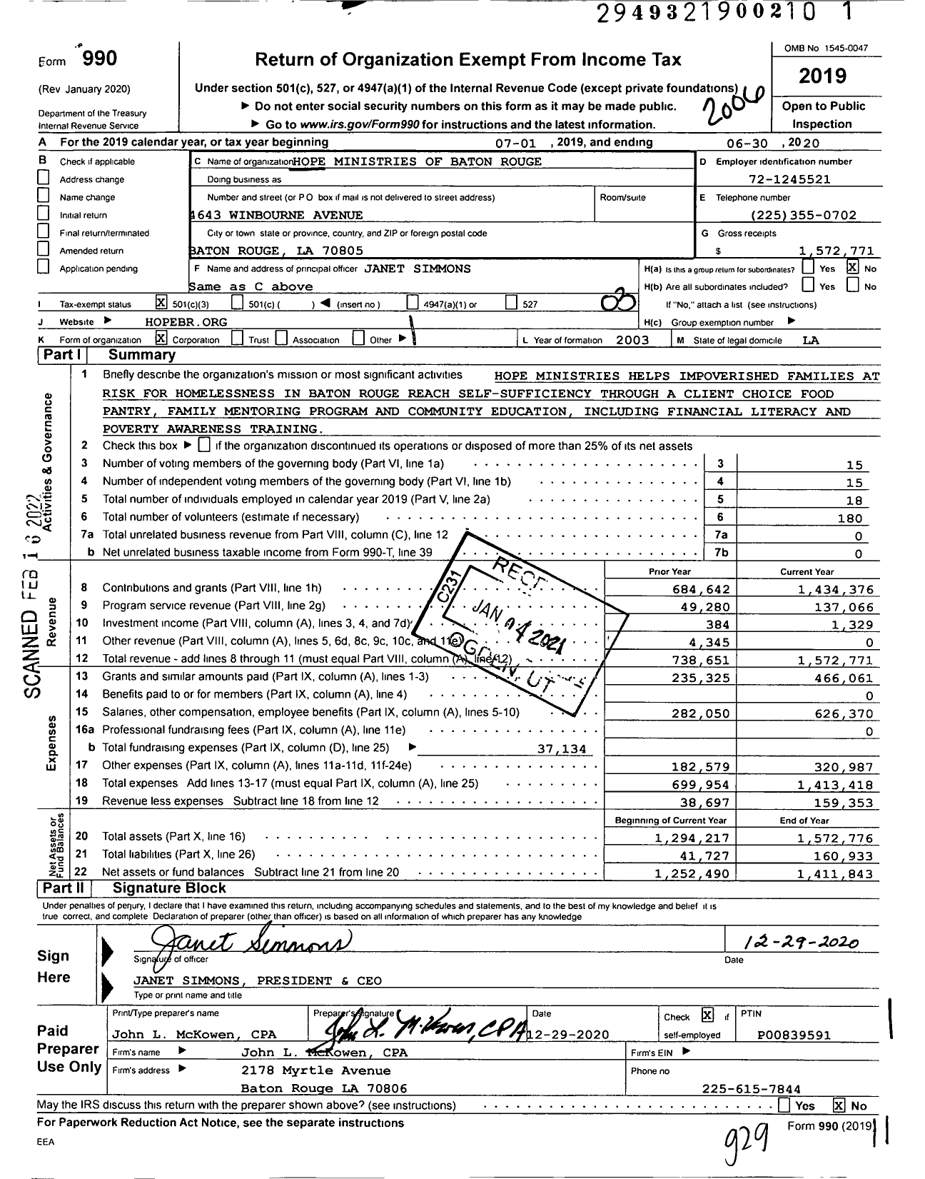 Image of first page of 2019 Form 990 for HOPE Ministries of Baton Rouge