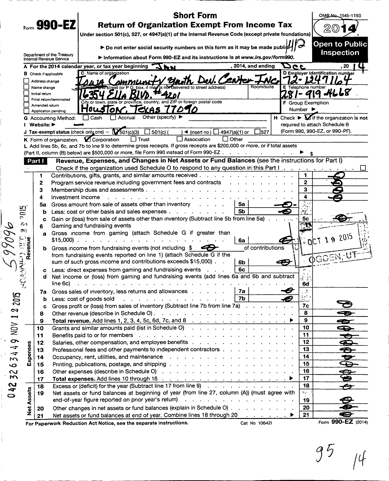 Image of first page of 2014 Form 990EZ for Iowa Community Youth Developement Center