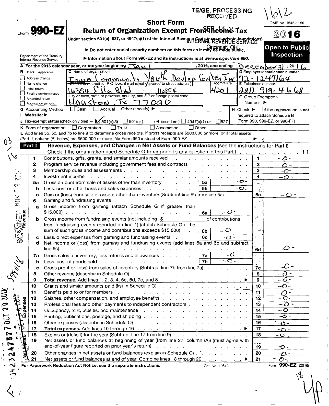 Image of first page of 2016 Form 990EZ for Iowa Community Youth Developement Center