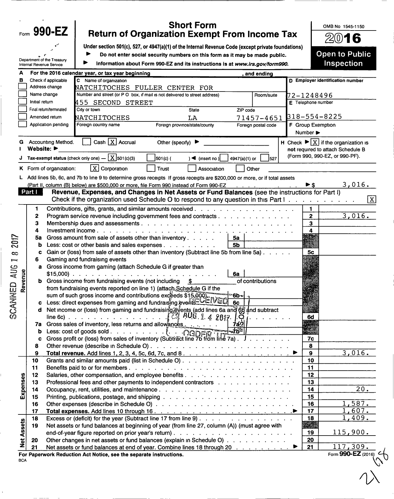 Image of first page of 2016 Form 990EZ for Natchitoches Fuller Center for House