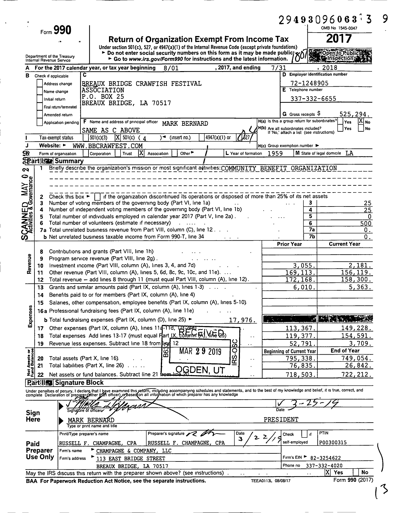 Image of first page of 2017 Form 990O for Breaux Bridge Crawfish Festival Association