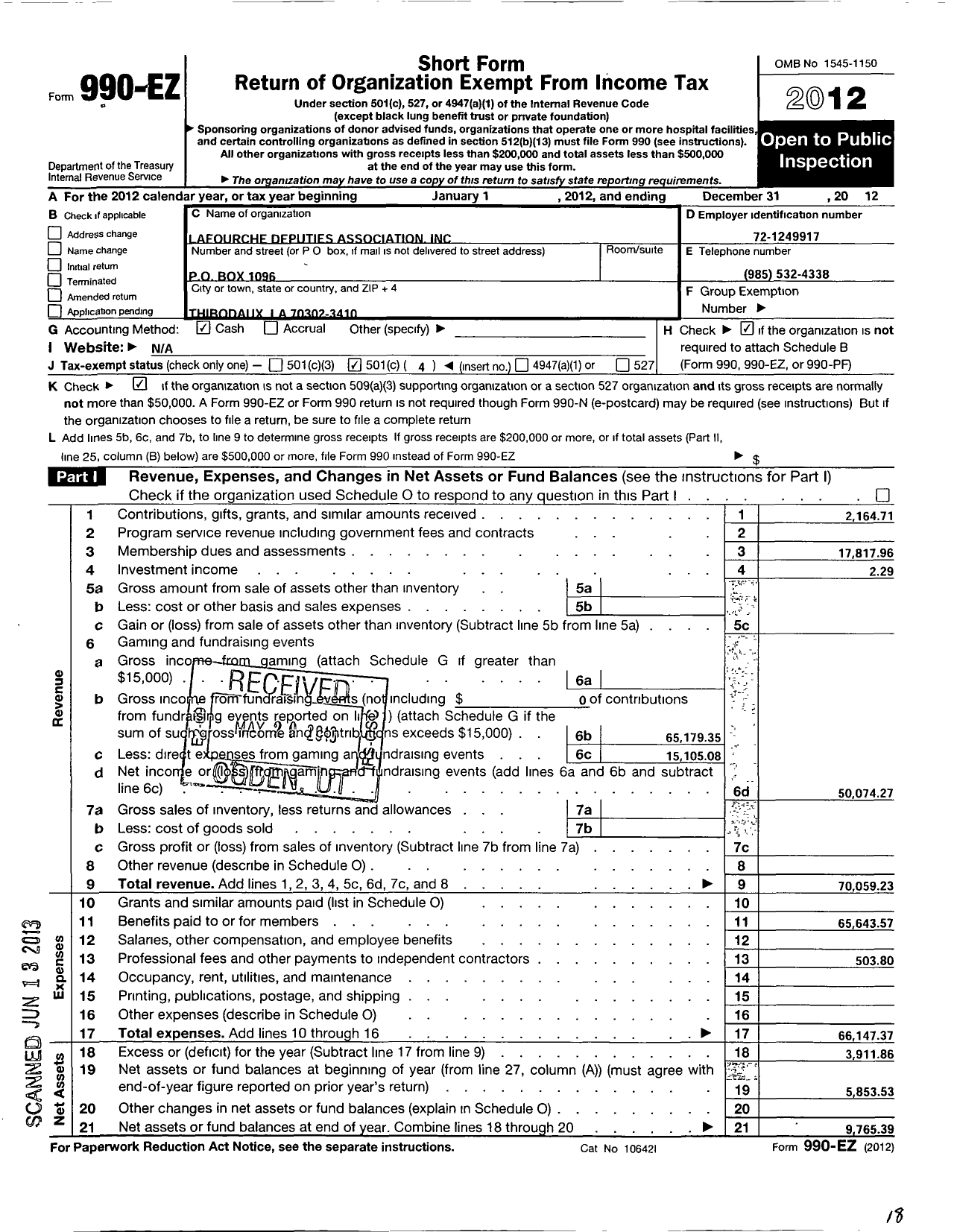 Image of first page of 2012 Form 990EO for Lafourche Deputies Association