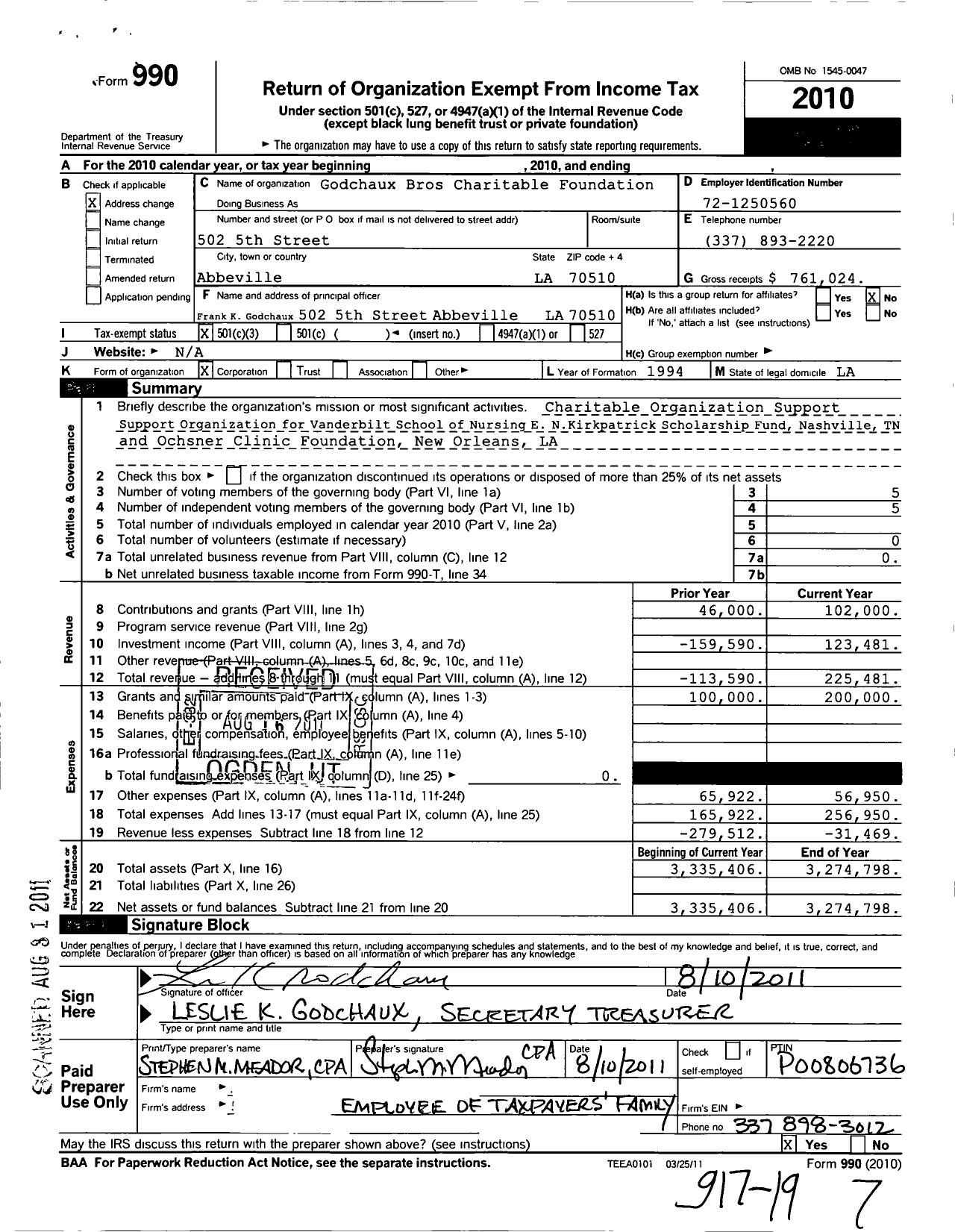 Image of first page of 2010 Form 990 for Godchaux Bros Charitable Foundation