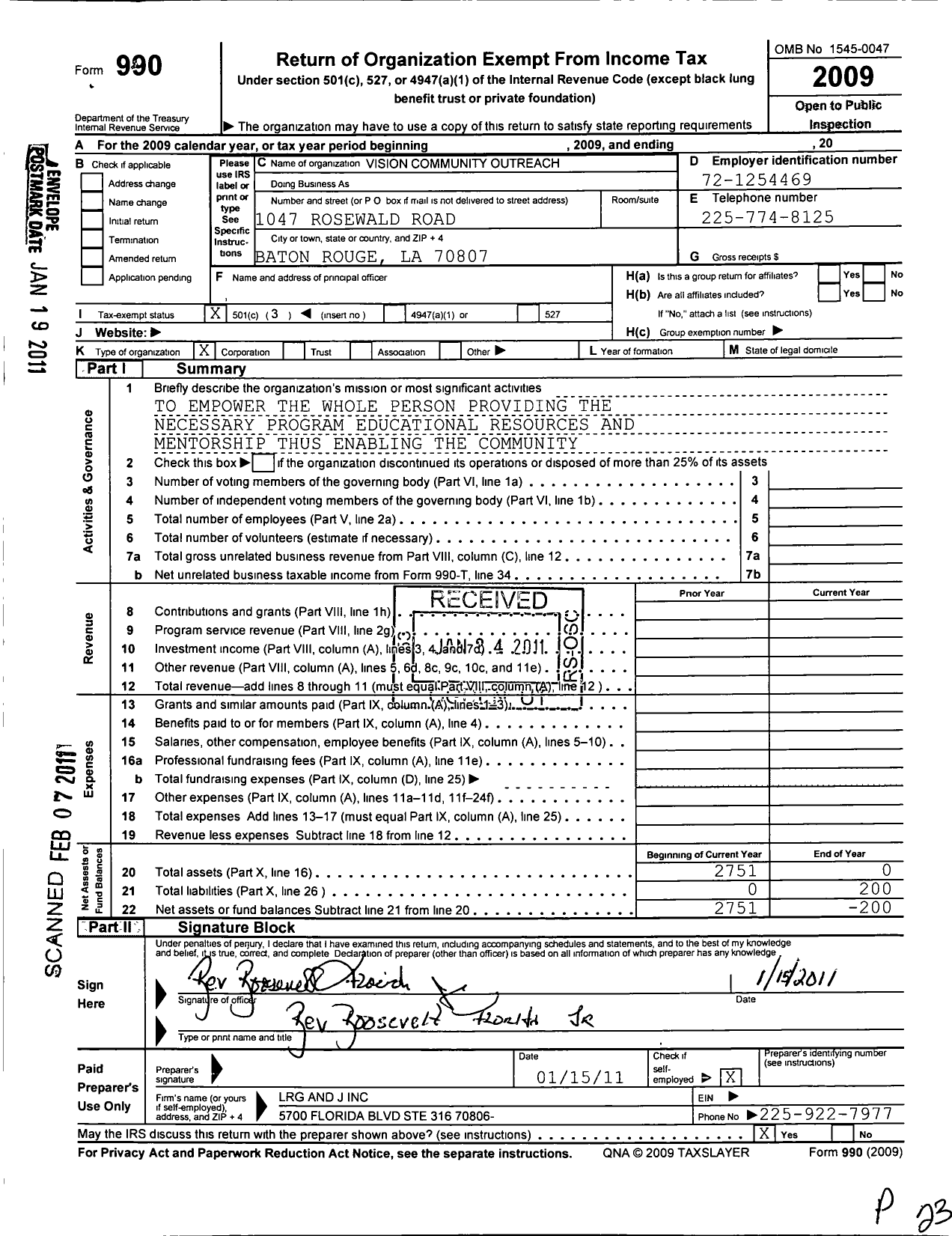 Image of first page of 2009 Form 990 for Vision Community Outreach