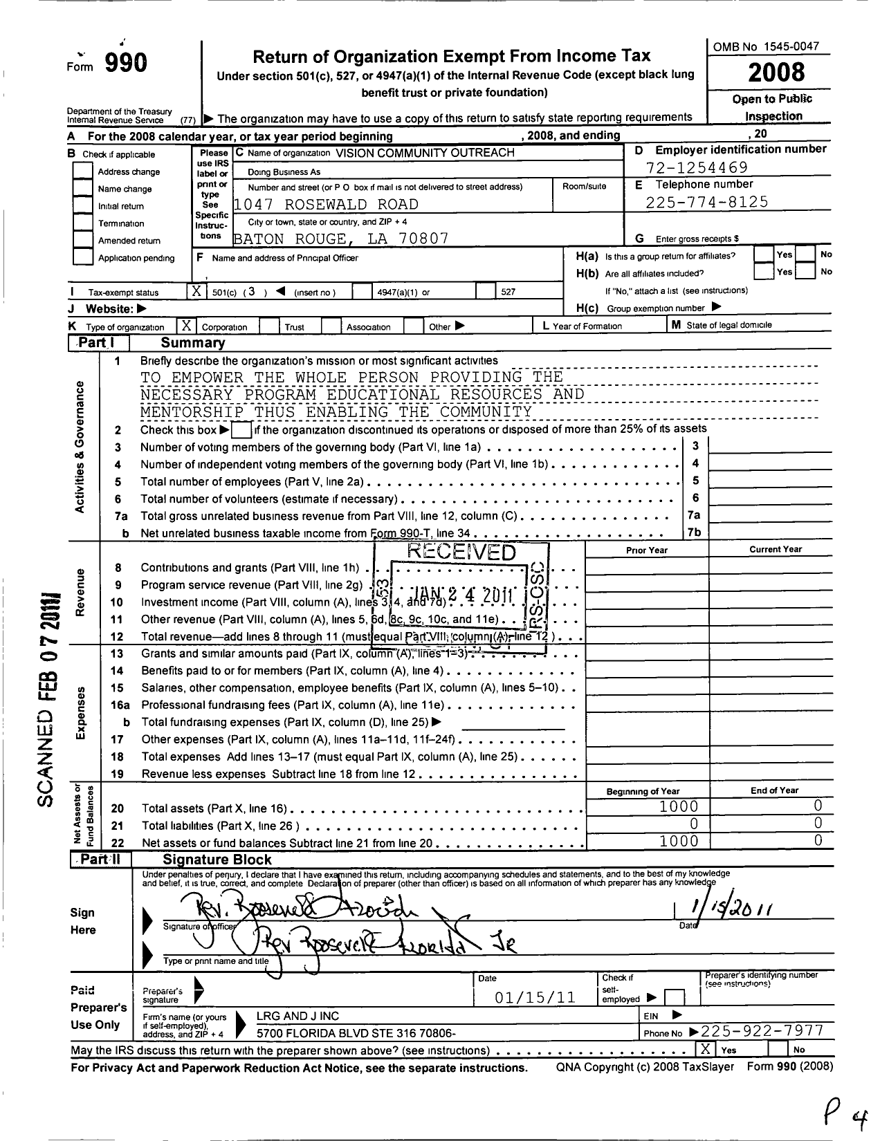 Image of first page of 2008 Form 990 for Vision Community Outreach