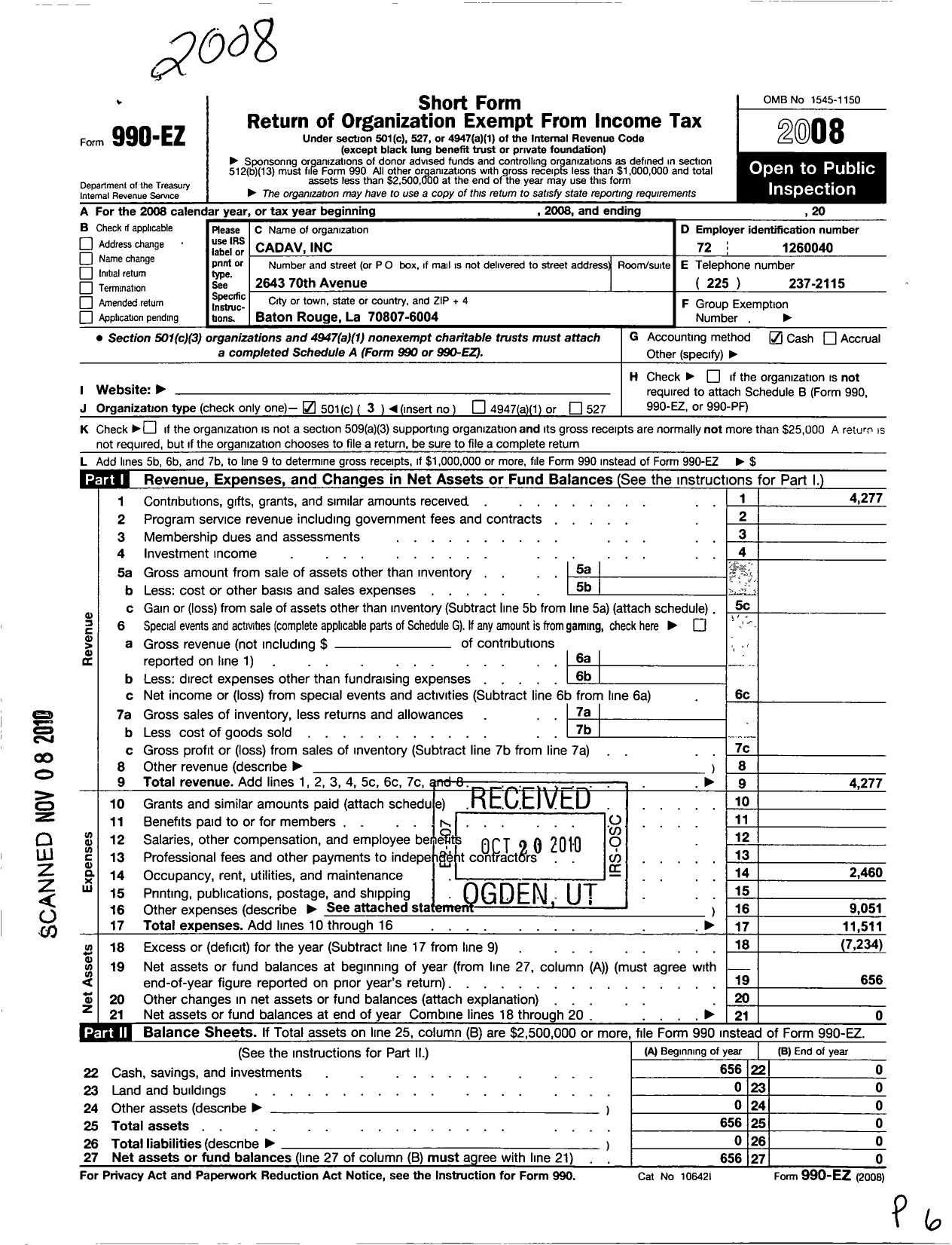 Image of first page of 2008 Form 990EZ for Cadav