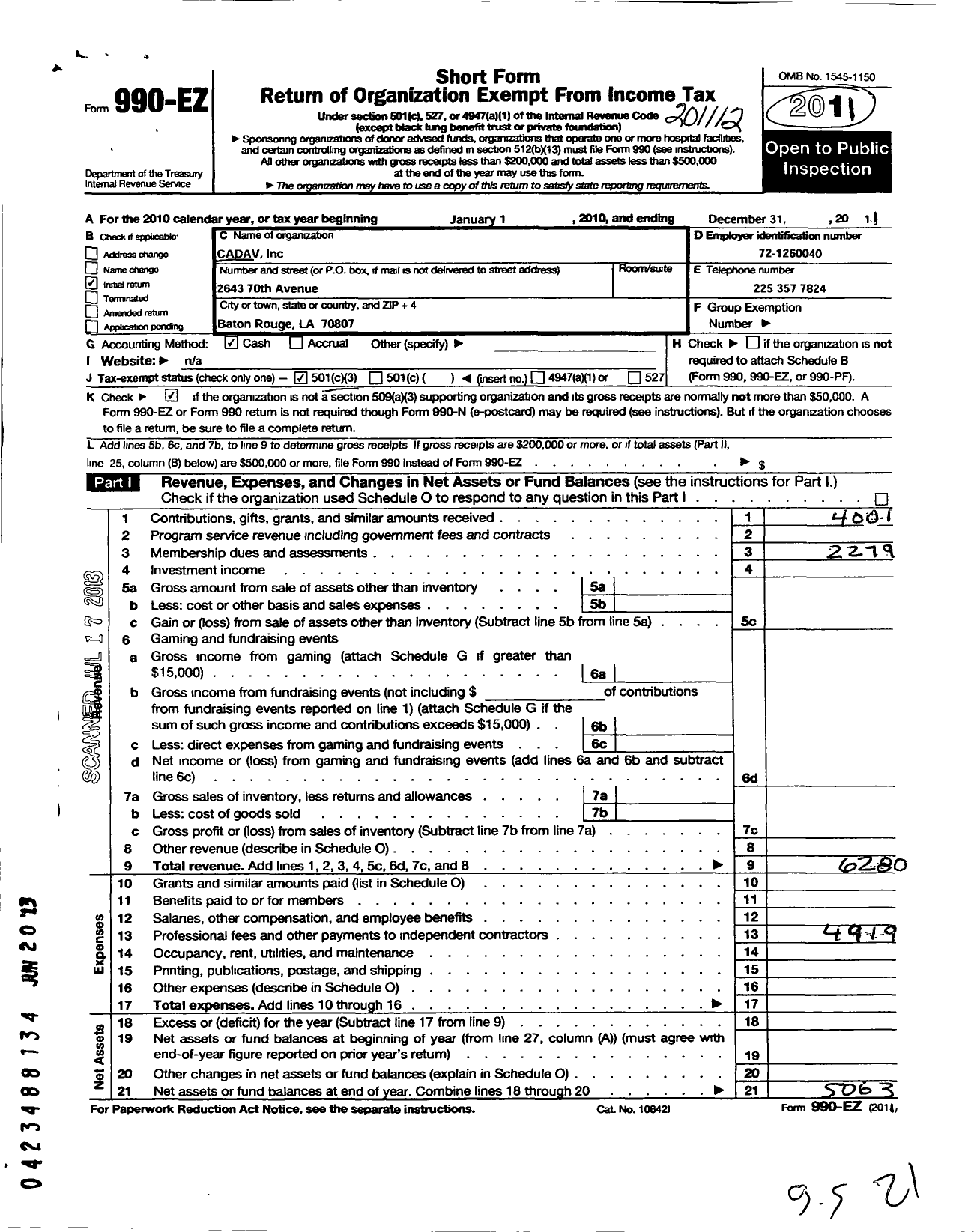 Image of first page of 2011 Form 990EZ for Cadav