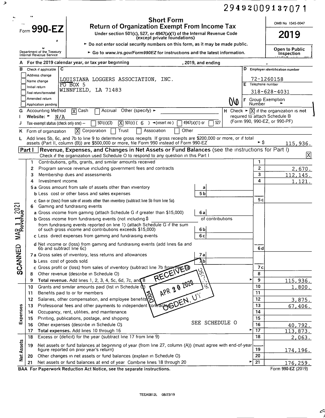 Image of first page of 2019 Form 990EO for Louisiana Loggers Association