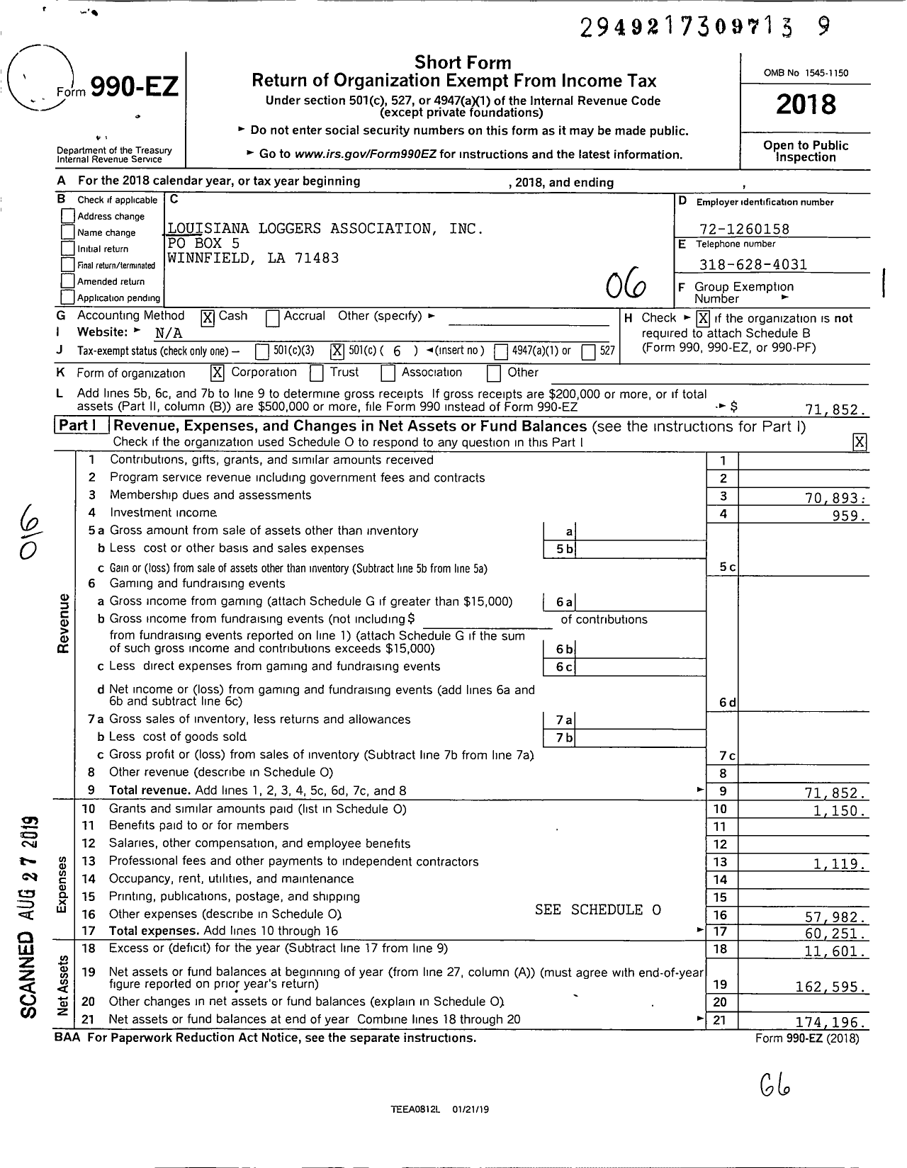 Image of first page of 2018 Form 990EO for Louisiana Loggers Association