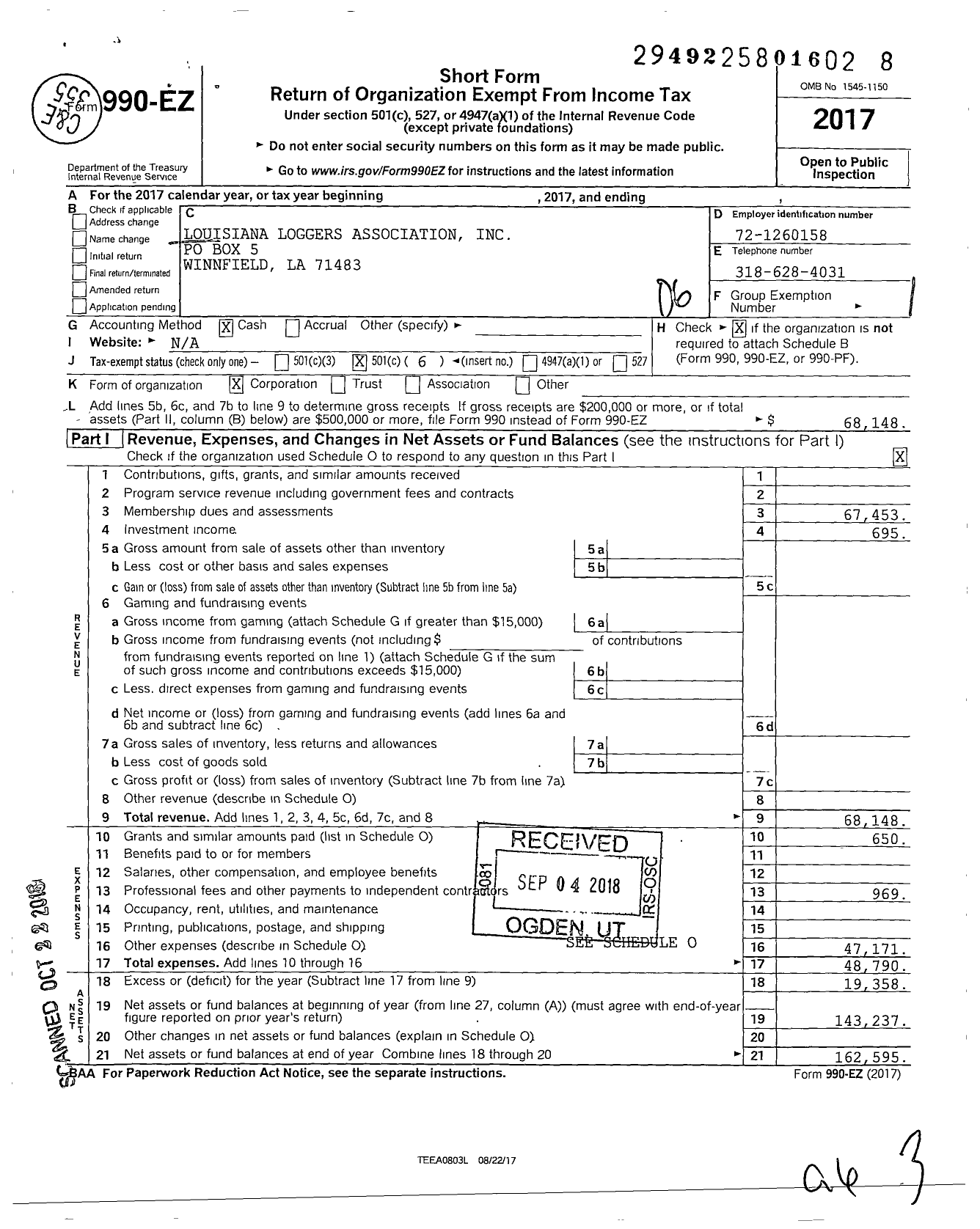 Image of first page of 2017 Form 990EO for Louisiana Loggers Association