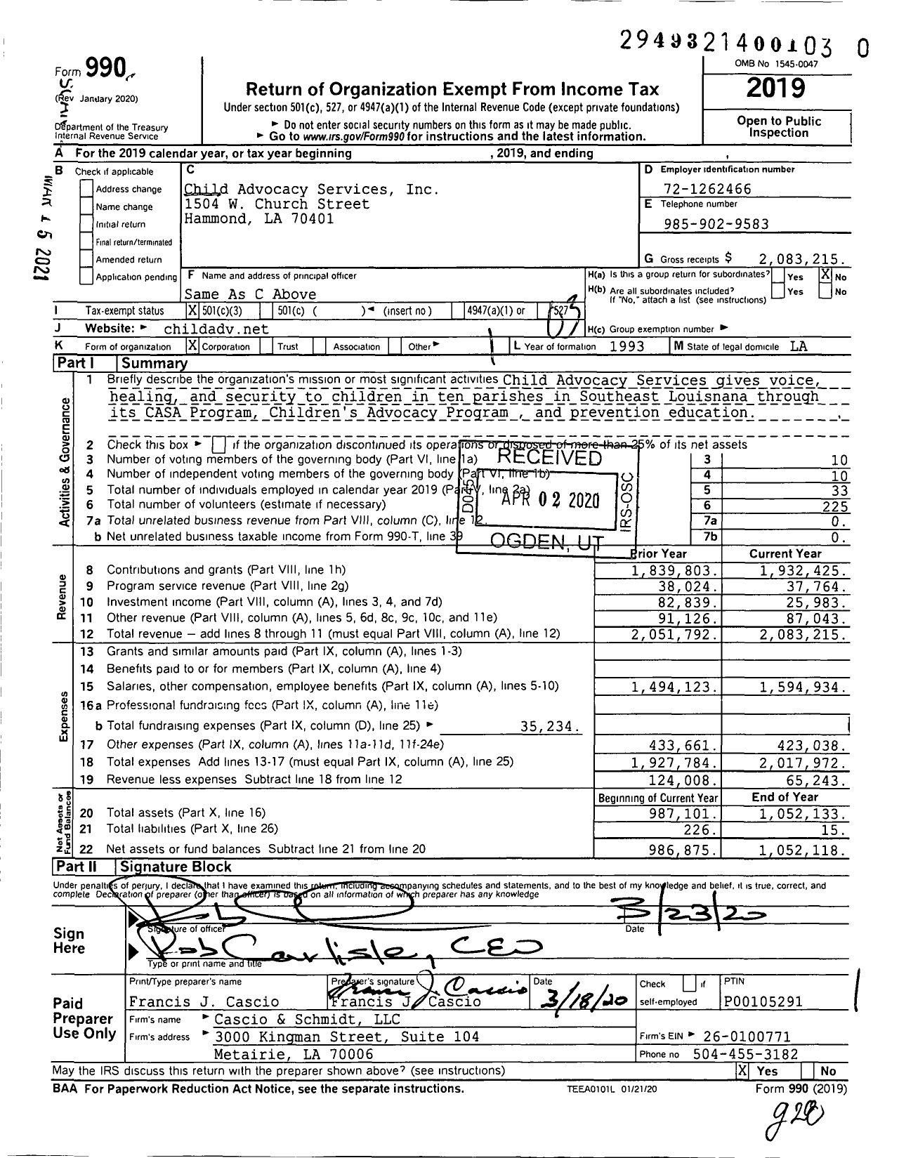 Image of first page of 2019 Form 990 for Child Advocacy Services (CAS)