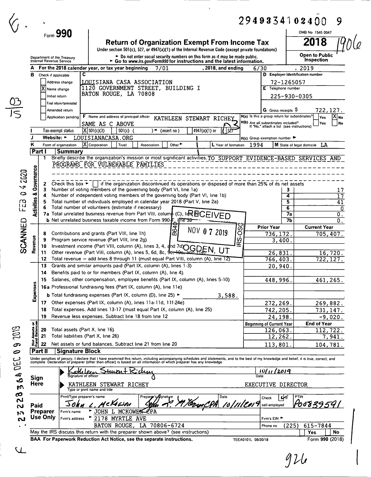 Image of first page of 2018 Form 990 for Louisiana Casa Association