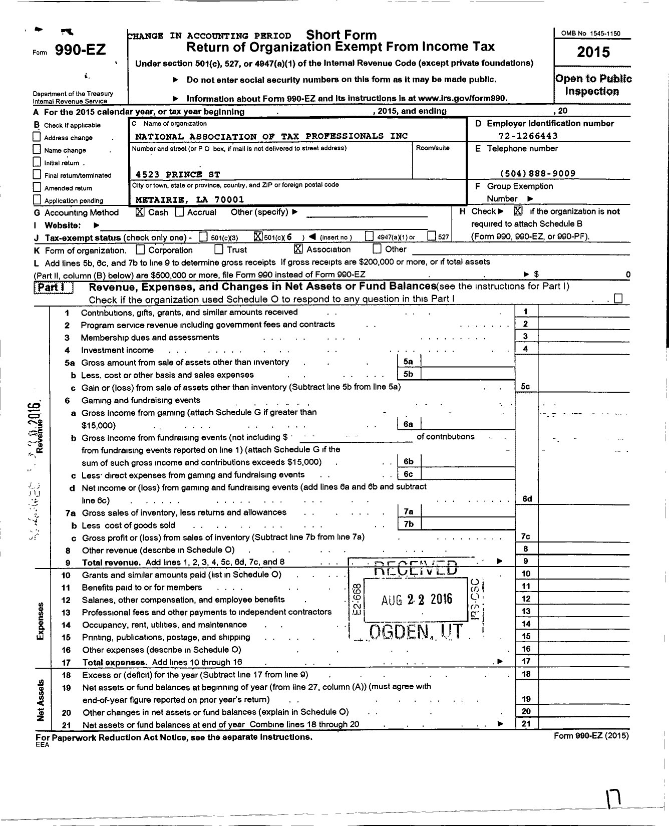Image of first page of 2015 Form 990EO for National Association of Tax Professionals / Louisiana Chapter of Natp
