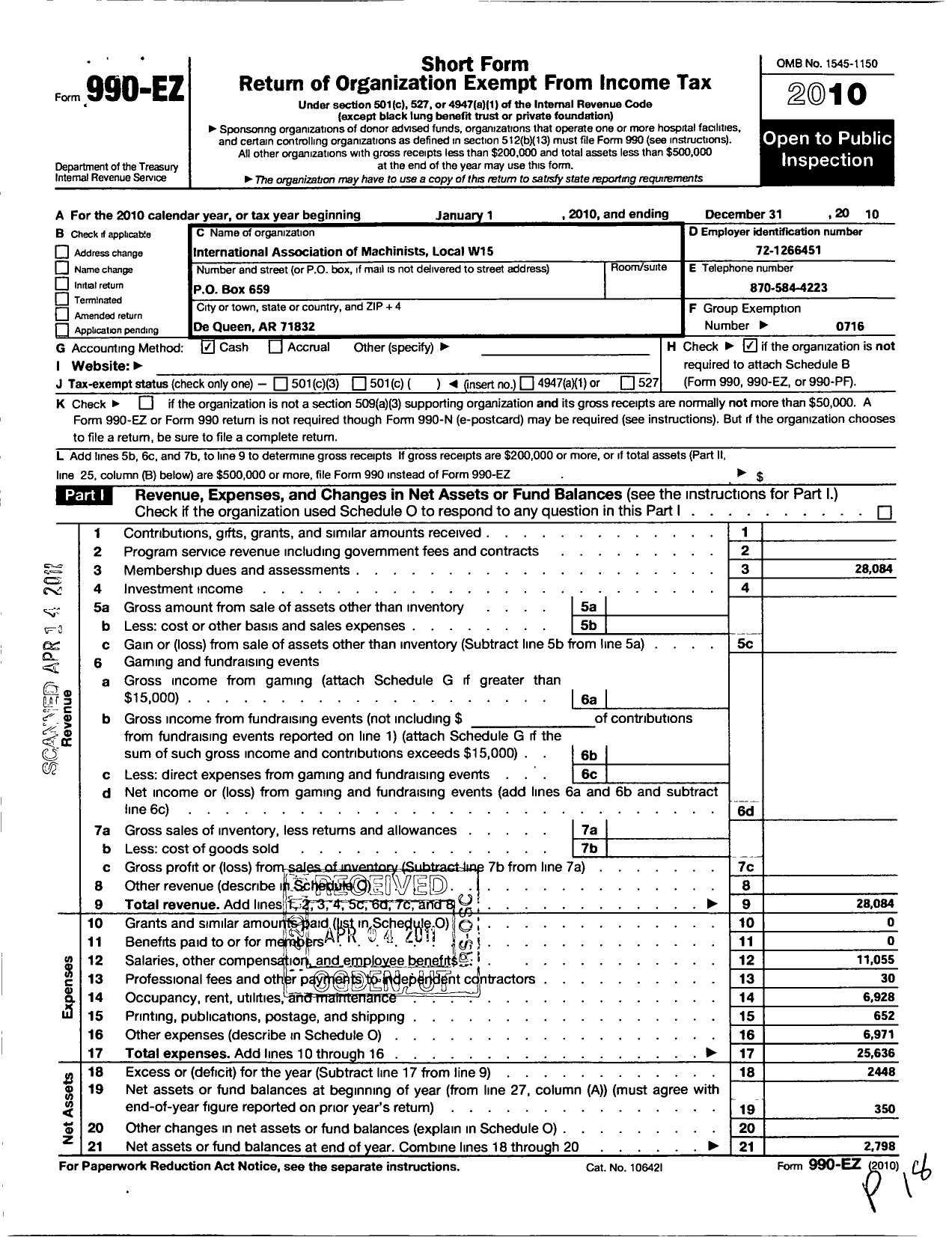 Image of first page of 2010 Form 990EO for International Association of Machinists and Aerospace Workers - W15