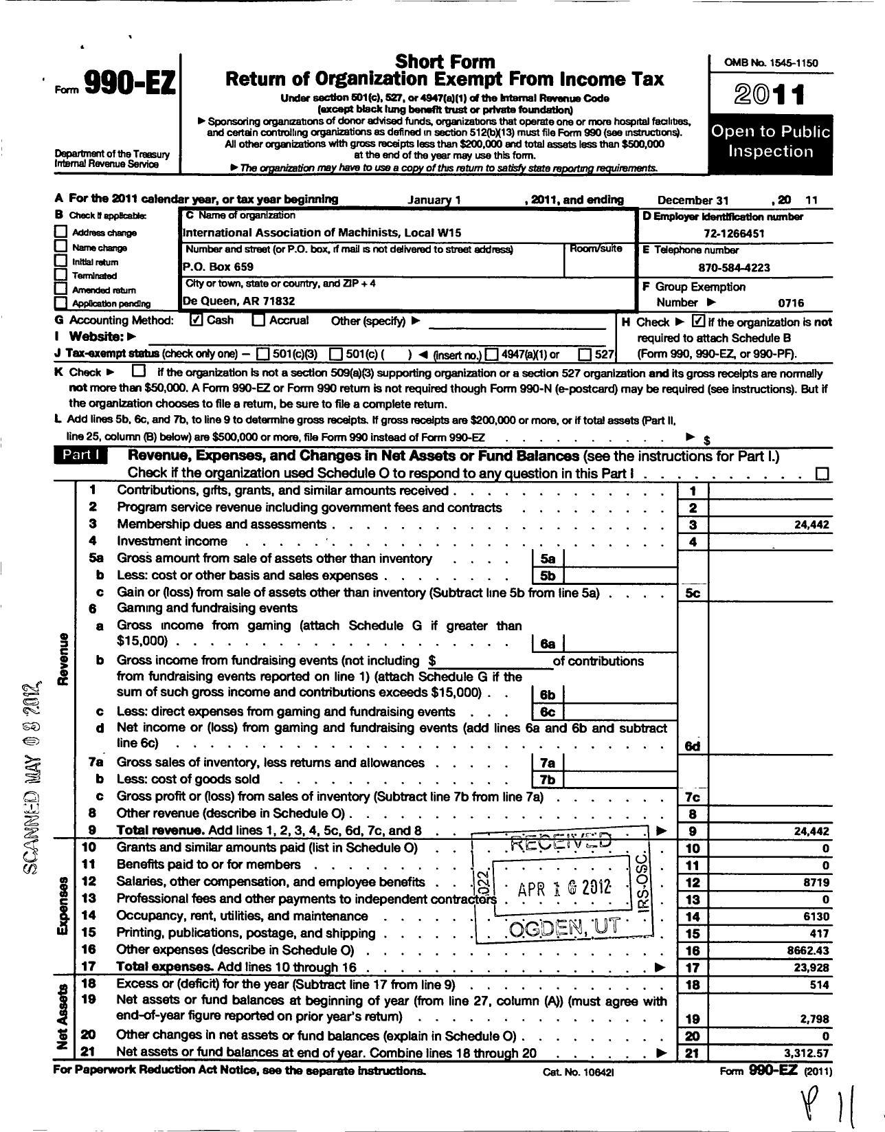 Image of first page of 2011 Form 990EO for International Association of Machinists and Aerospace Workers - W15