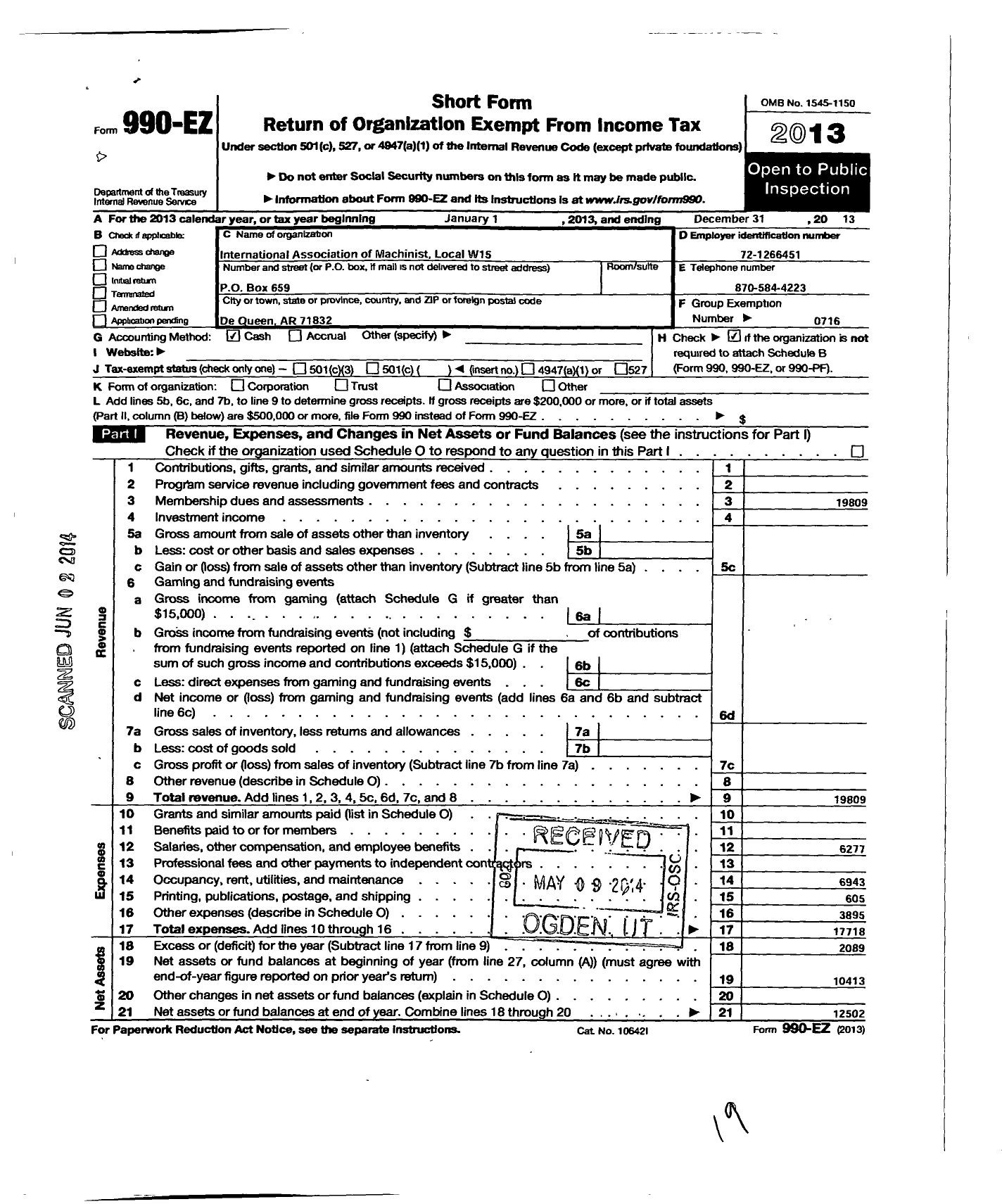 Image of first page of 2013 Form 990EO for International Association of Machinists and Aerospace Workers - W15