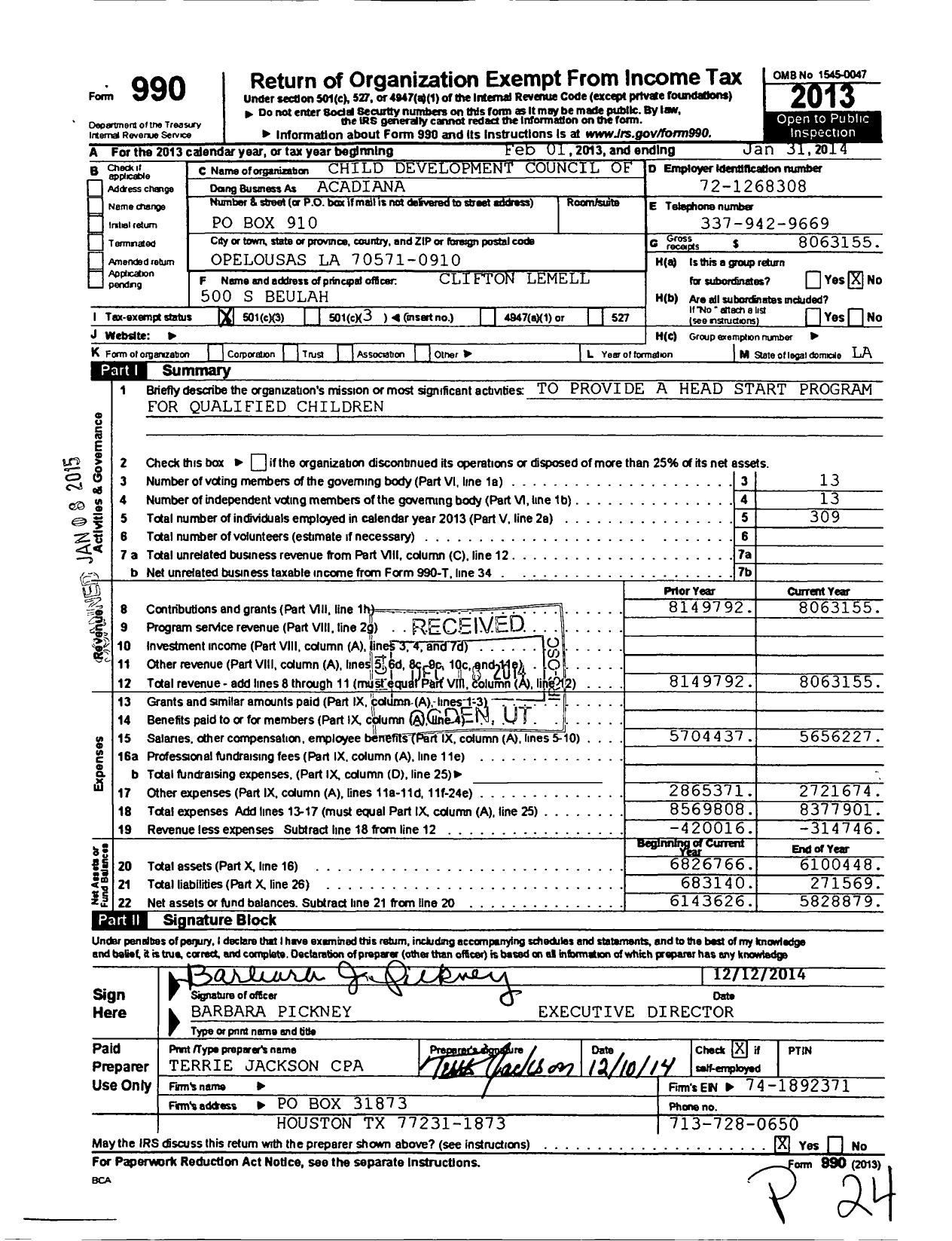 Image of first page of 2013 Form 990 for Child Development Council of Acadiana