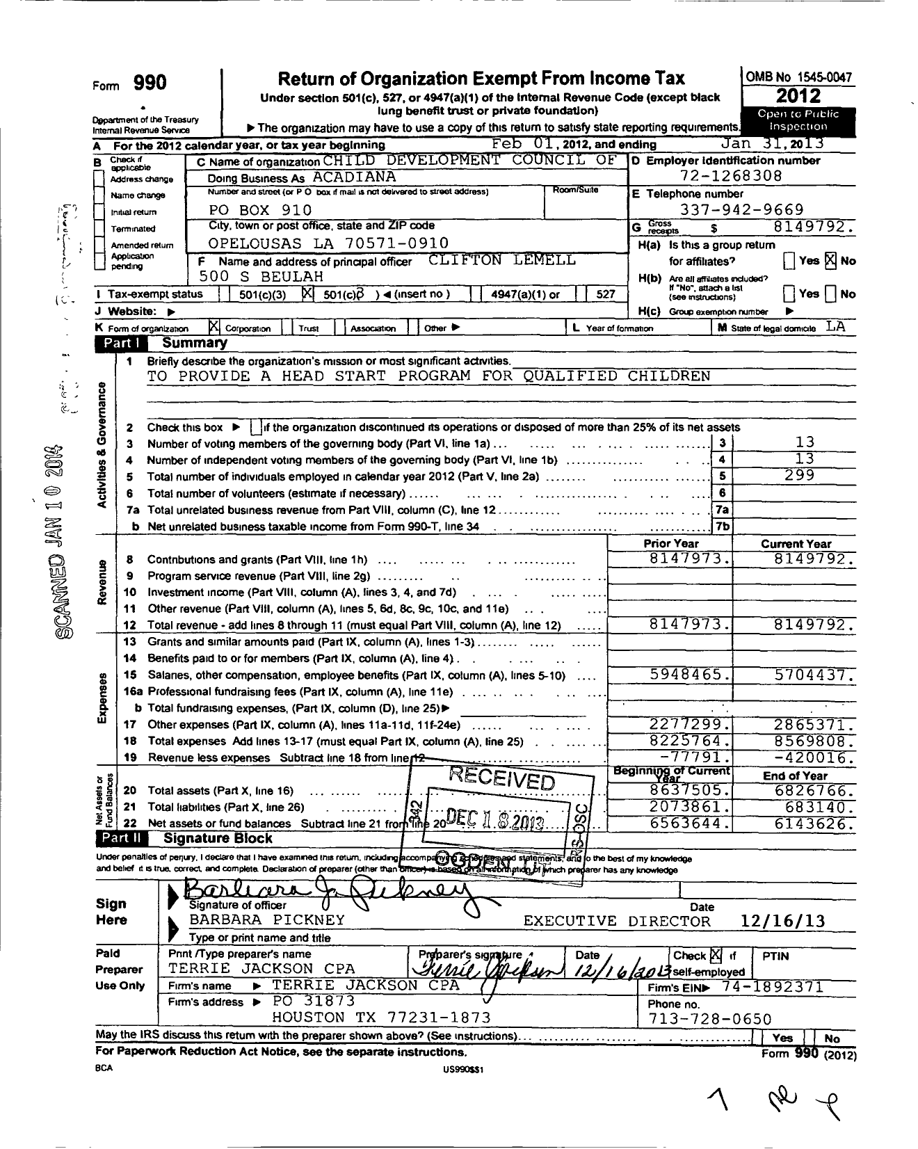 Image of first page of 2012 Form 990 for Child Development Council of Acadiana